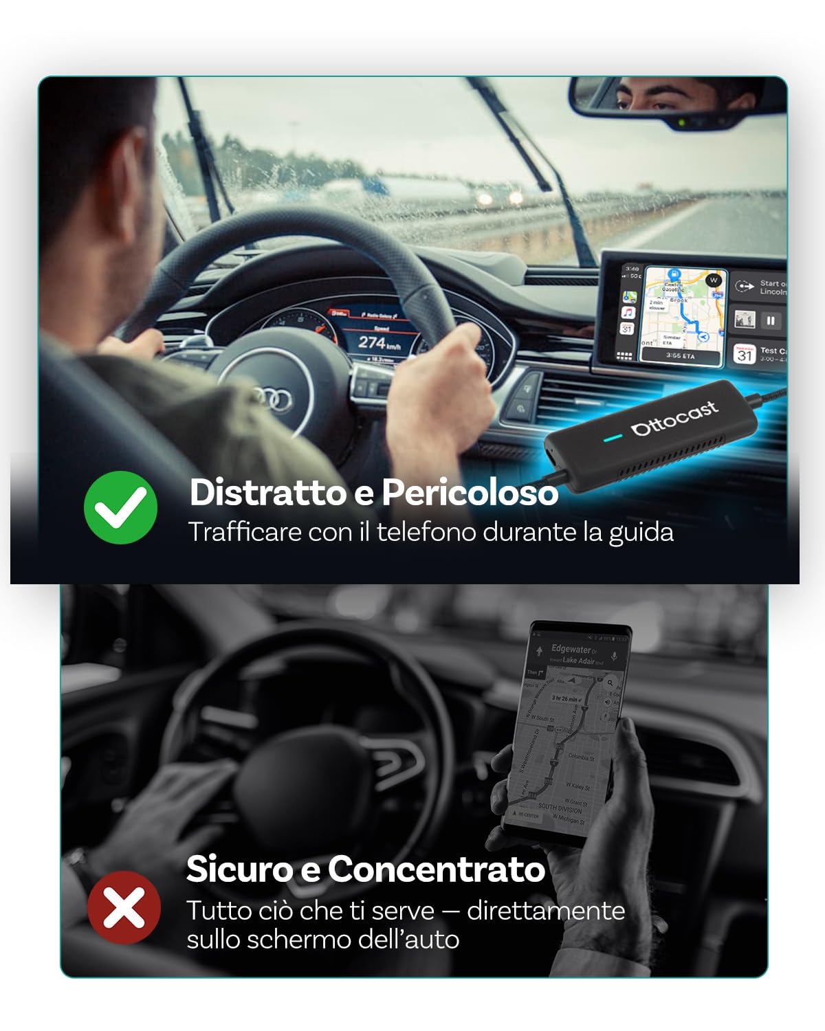 OTTOCAST Mirror Touch 2025, 3-in-1 Draadloze CarPlay Adapter met