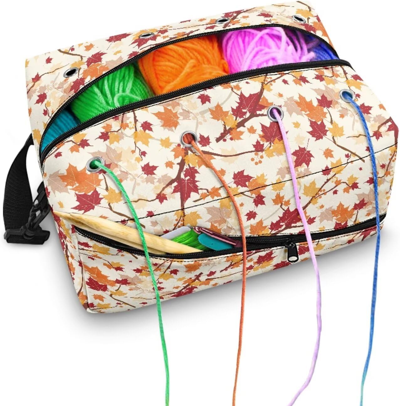 Autumn Crochet Hook Case with Shoulder Strap Handle Maple Leaves Knitting Needle Case Portable Crochet Organizer for Lighted Hooks, Needles and Accessories