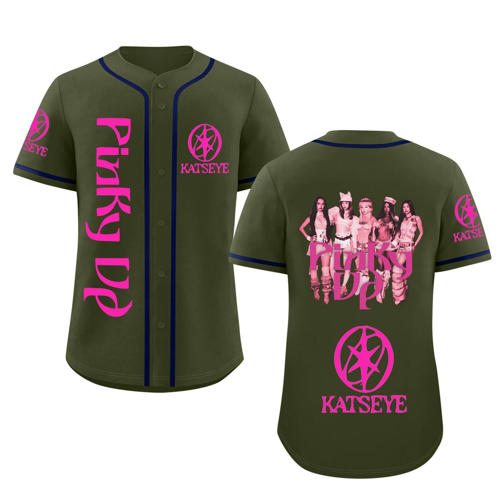 Katseye Tshirt Beautiful Chaos Album Pinky up Baseball Jersey Short Sleeve Button Down Casual Hip Hop Katseye Merch Baseball Jersey for Fans Men Women 03-Army Green S
