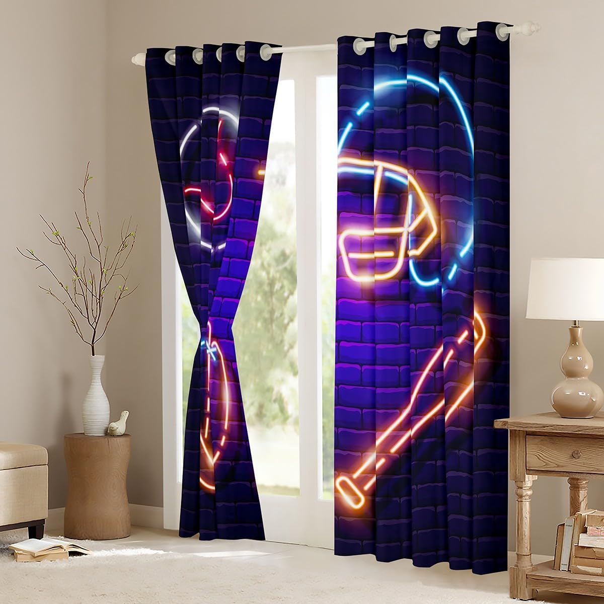 Erosebridal Gradient Baseball Curtains Neon Softball Blackout Curtains for Kids Boys Girls, Sports Theme Curtains & Drapes Glowing Orange Blue Bedroom Curtains, Fluorescent Window Treatments