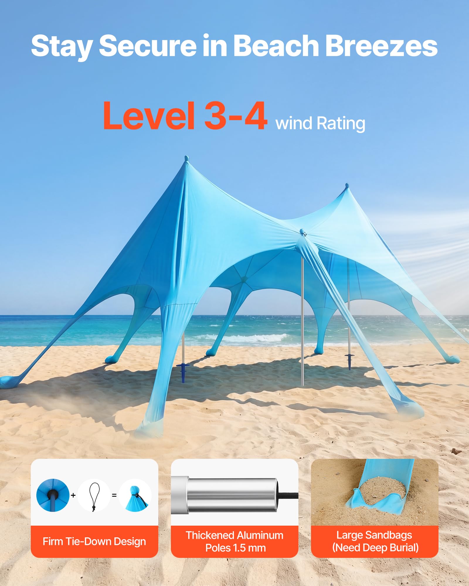 VEVOR UPF50+ ochrona przed słońcem, namiot plażowy, 2,8 m wysokości, 6 x 4 m, łatwy wysuwany baldachim plażowy z workami z piaskiem, drążki stabilne, łopatki piaskowe, przenośny, na rodzinne wycieczki