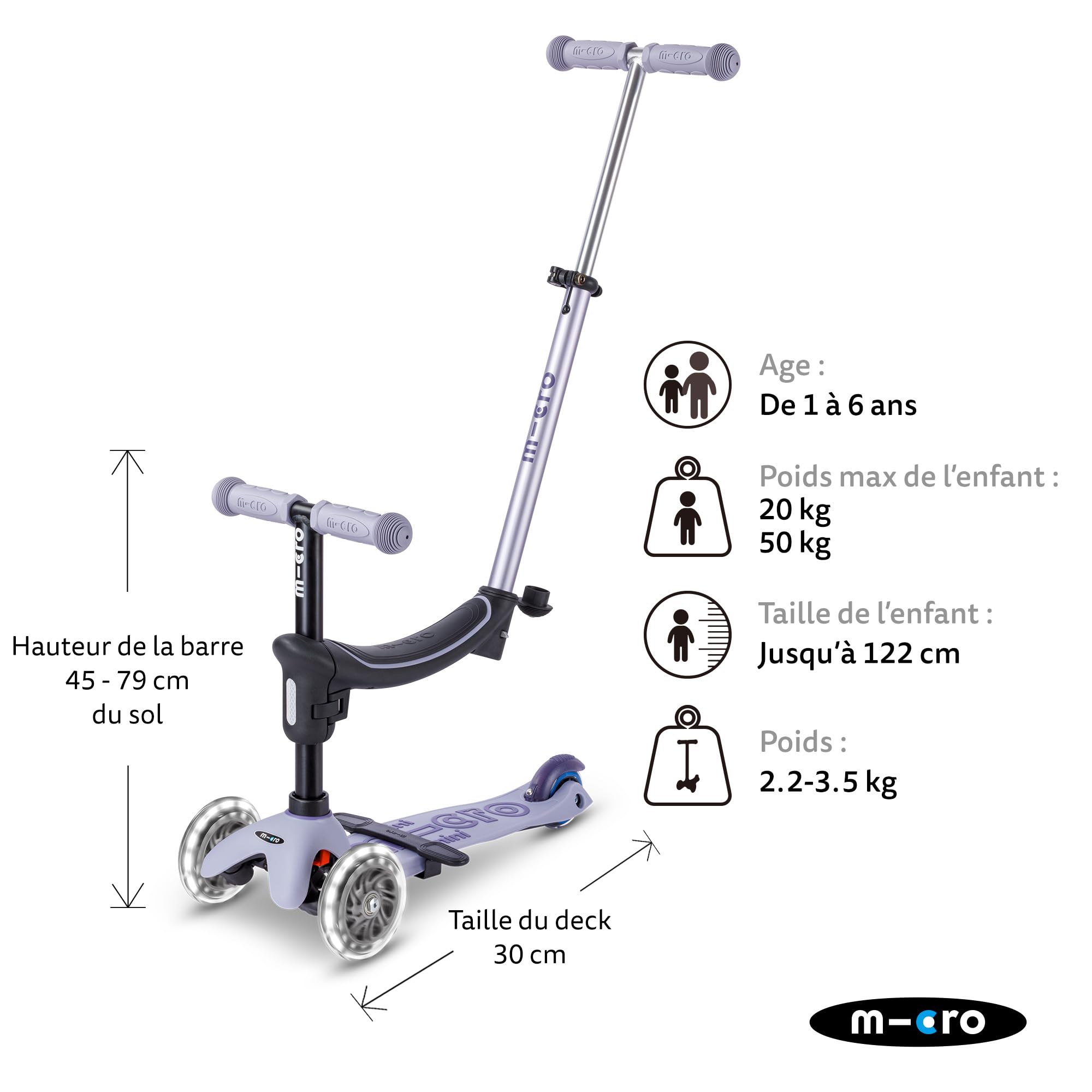 Trottinette évolutive Micro Mini2Grow 2.0 Lavande | LED