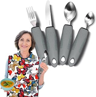 Adaptive Utensils with Adult Bib - 4pcs Weighted Utensils Set (2.5oz Each) for Hand Tremors, Elderly, Parkinson's, Arthritis - Non-Slip Easy Grip Handles for Independent Eating