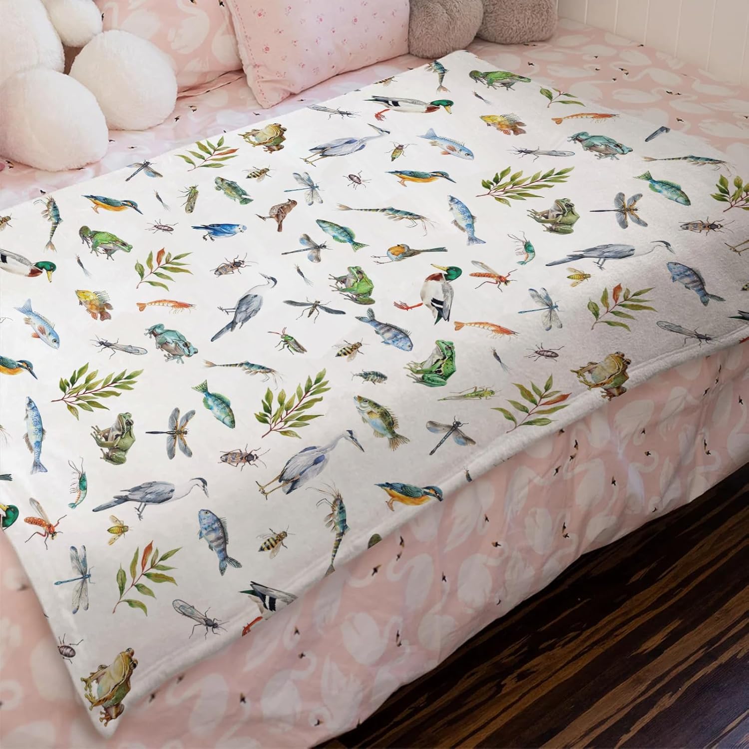 Wildlife Pond Baby Blanket for Boy Girl Wild Animals Frogs Duck Fish Bird Weeds Flannel Swaddle Blanket Fishing Hunting Receiving Blanket for Toddler Baby Nursery Bed Blanket Crib Playmats 60x80