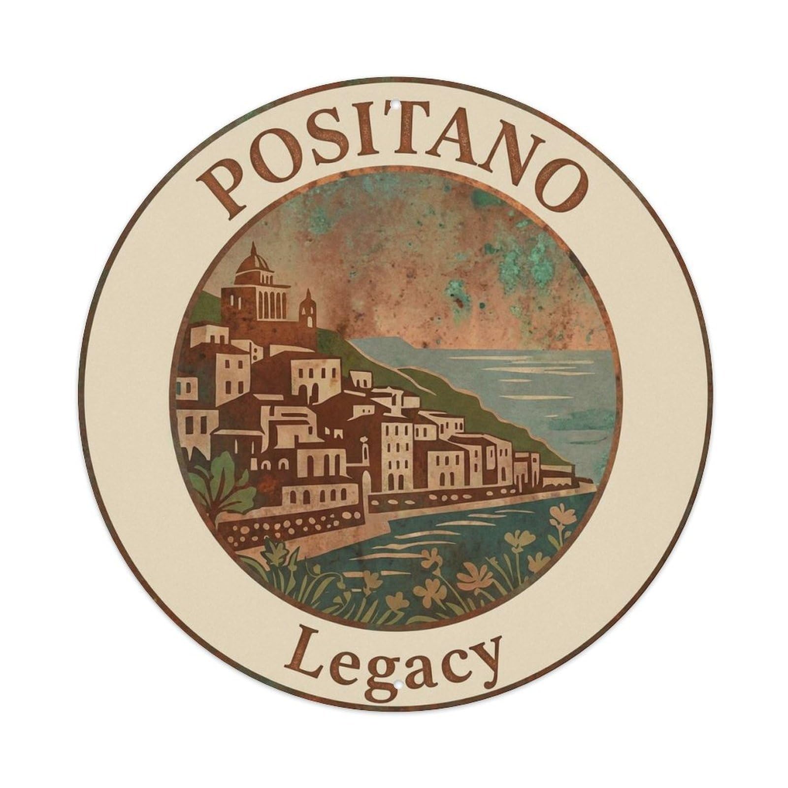 Coastal Italy Positano Italian Mediterranean Seaside Metal Tin Sign Plaque Wall Decor for Cafe, Man Cave, Club Bar, Office, Home Garden Round Metal Poster 8x8Inch