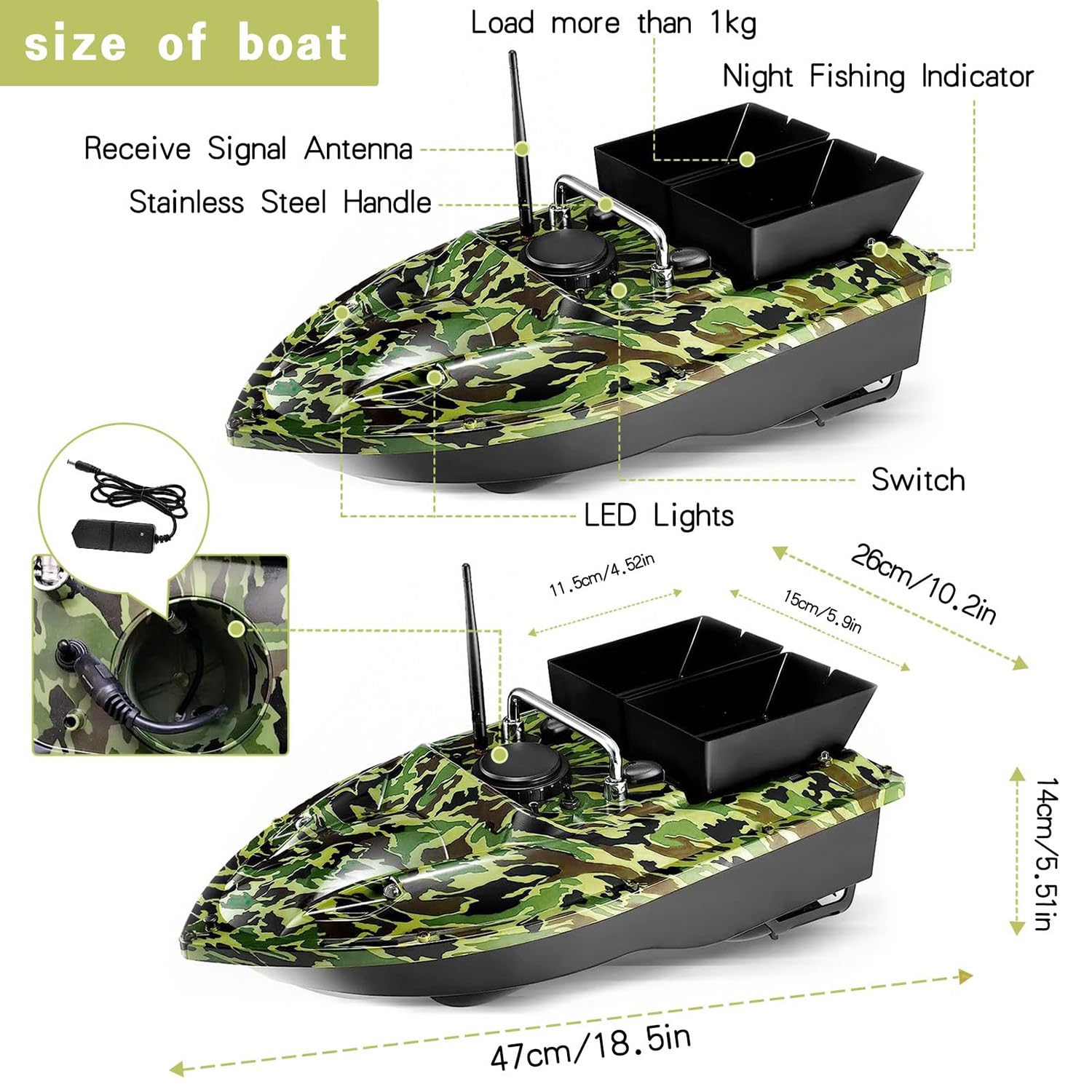 Barco cebador, Barco Cebo Vivo, 500m Mando a Distancia, Tolva de Carga de 1,5kg, Resistente al Viento y al oleaje, con Bolso de Mano,Black-2battery