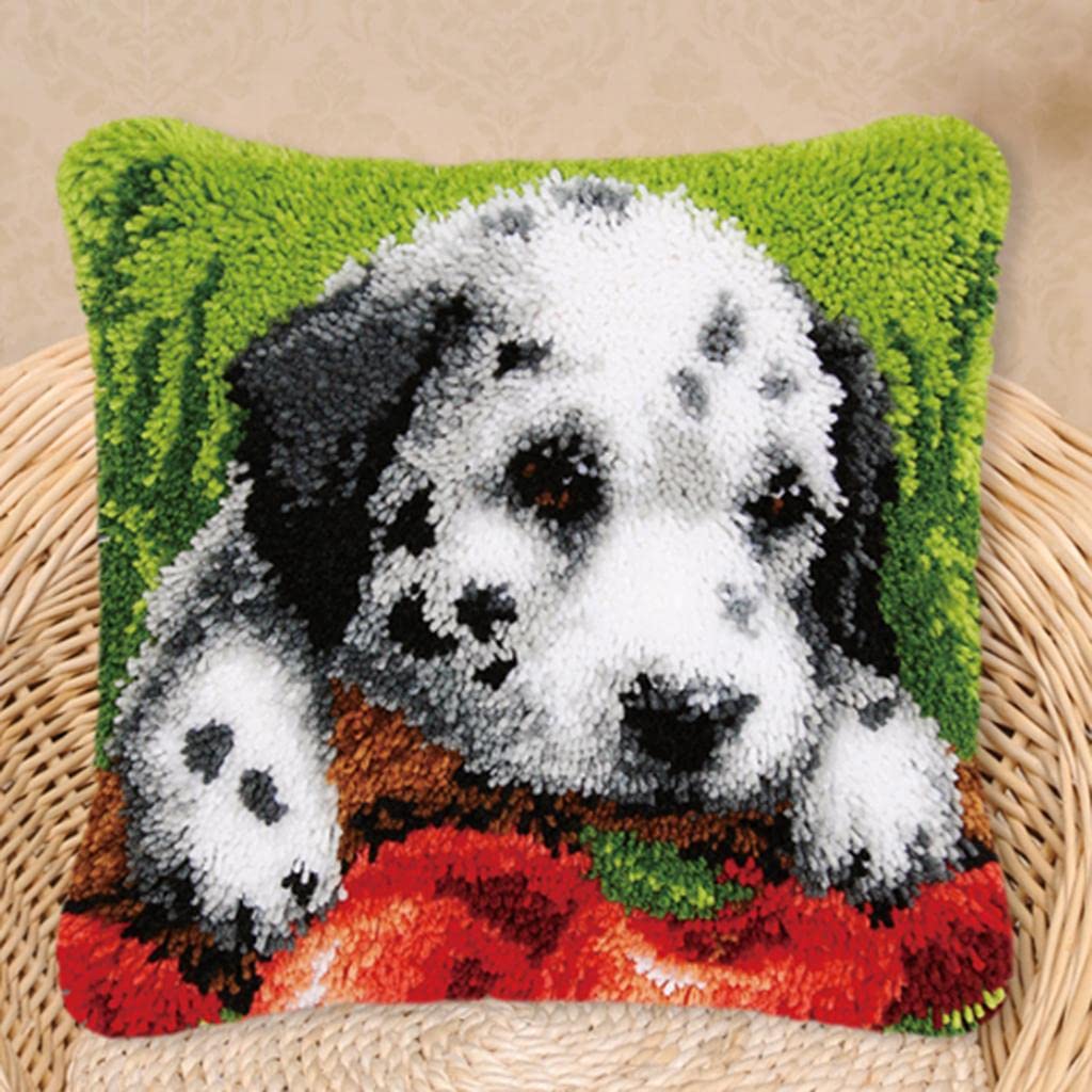 MYADDICTION DIY Pillow Cover Latch Hook Kits for Beginner Animals Pattern Spot Dog Crafts | Needlecrafts & Yarn | Rug Making | Latch Hooking | Latch Hooking Kits