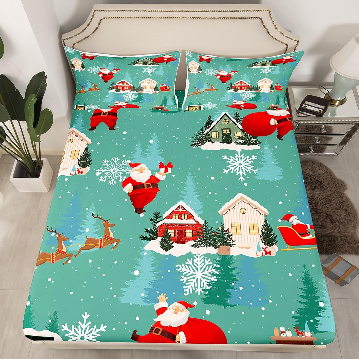Santa Claus Fitted Sheet King Size, Pine Trees Snowflake and House Print Bedding Set 3pcs for Kids Girls, Christmas Theme Bed Cover with 2 Pillowcases, Soft Polyester Bedding — image 1