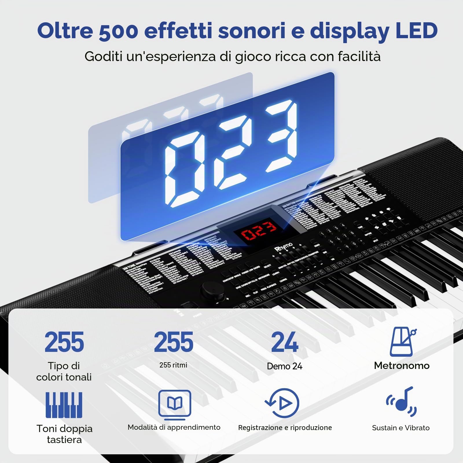 Tastiera pianoforte 61 tasti, kit tastiera per pianoforte elettrico con 255 voci, 255 ritmi, alimentato da alimentatore o batteria con display LCD, include spartiti, adesivi per note di pianoforte
