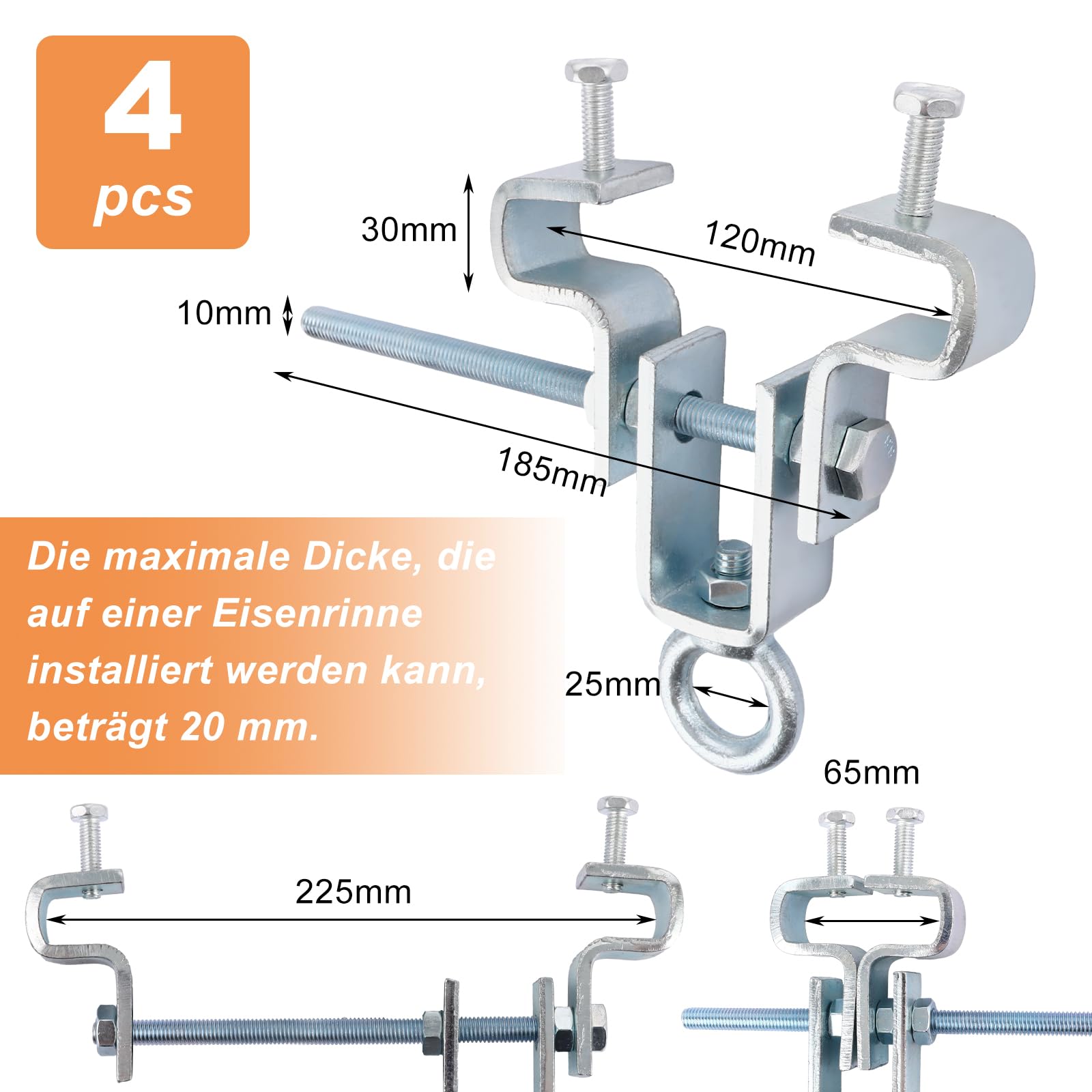 4 STK Verstellbare Stahlträger Befestigung Kranhaken Trägerklemme für Hält 204KG Einstellbar von 65-225mm für Vielseitige Anwendungen Robust und Einfach zu Bedienen