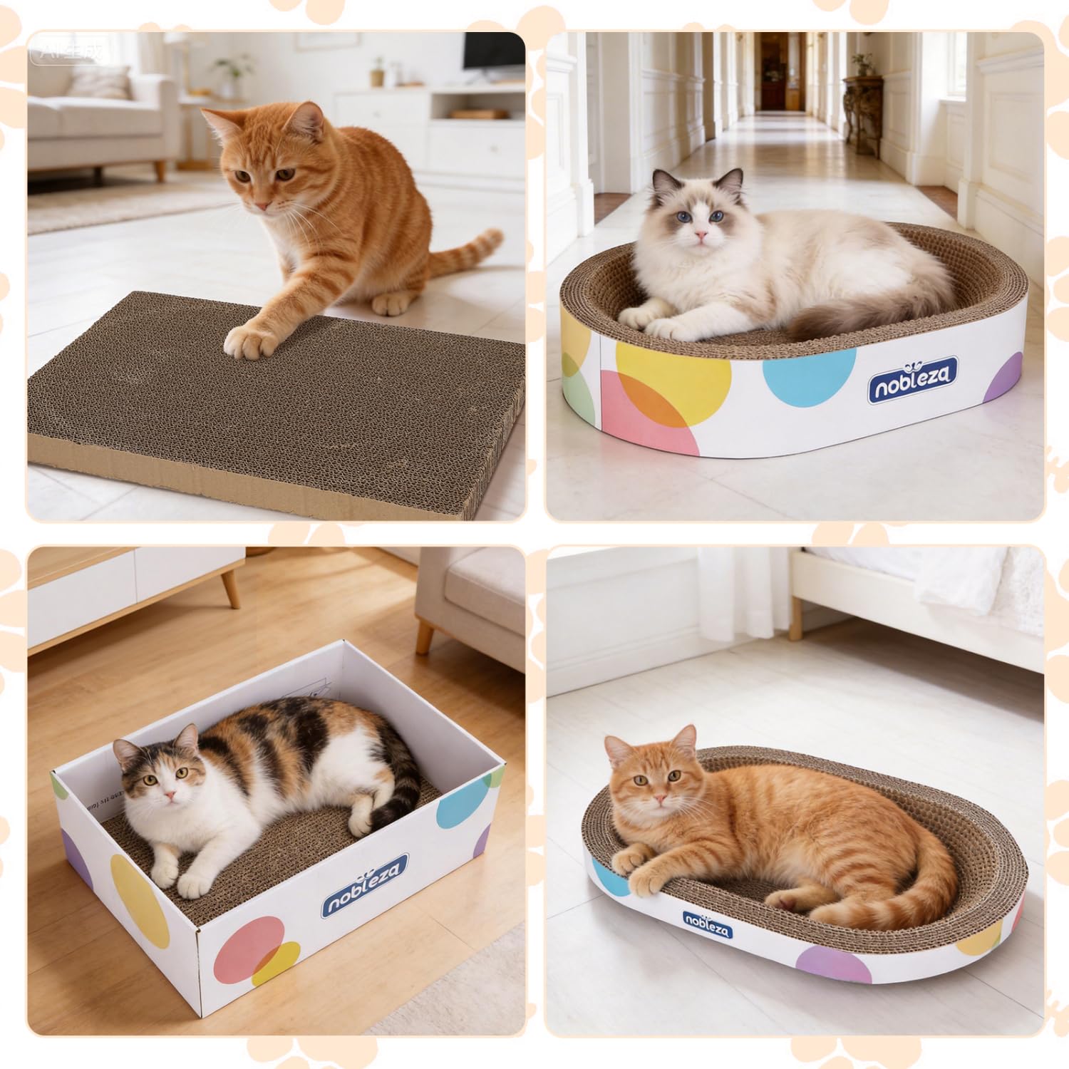 Nobleza 4-in-1 Kratzbrett für Katzen aus Wellpappe, Inklusive ovalem Kratzbett, flachem Kratzbrett, Karton, Spielzeugbällen und Katzenminze