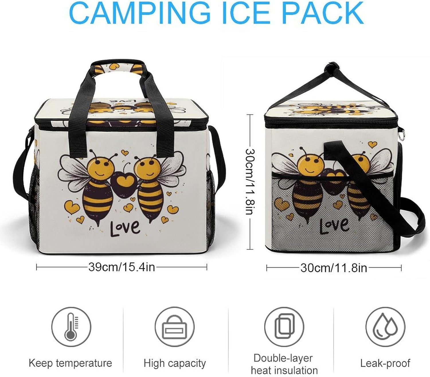 Insulated Picnic Backpack Tote Bag, Large Capacity 30L Bee Love Honey Cooler Bag Leakproof Beach Bags Portable Lunch Box Waterproof Picnic Basket for Beach Camping BBQ