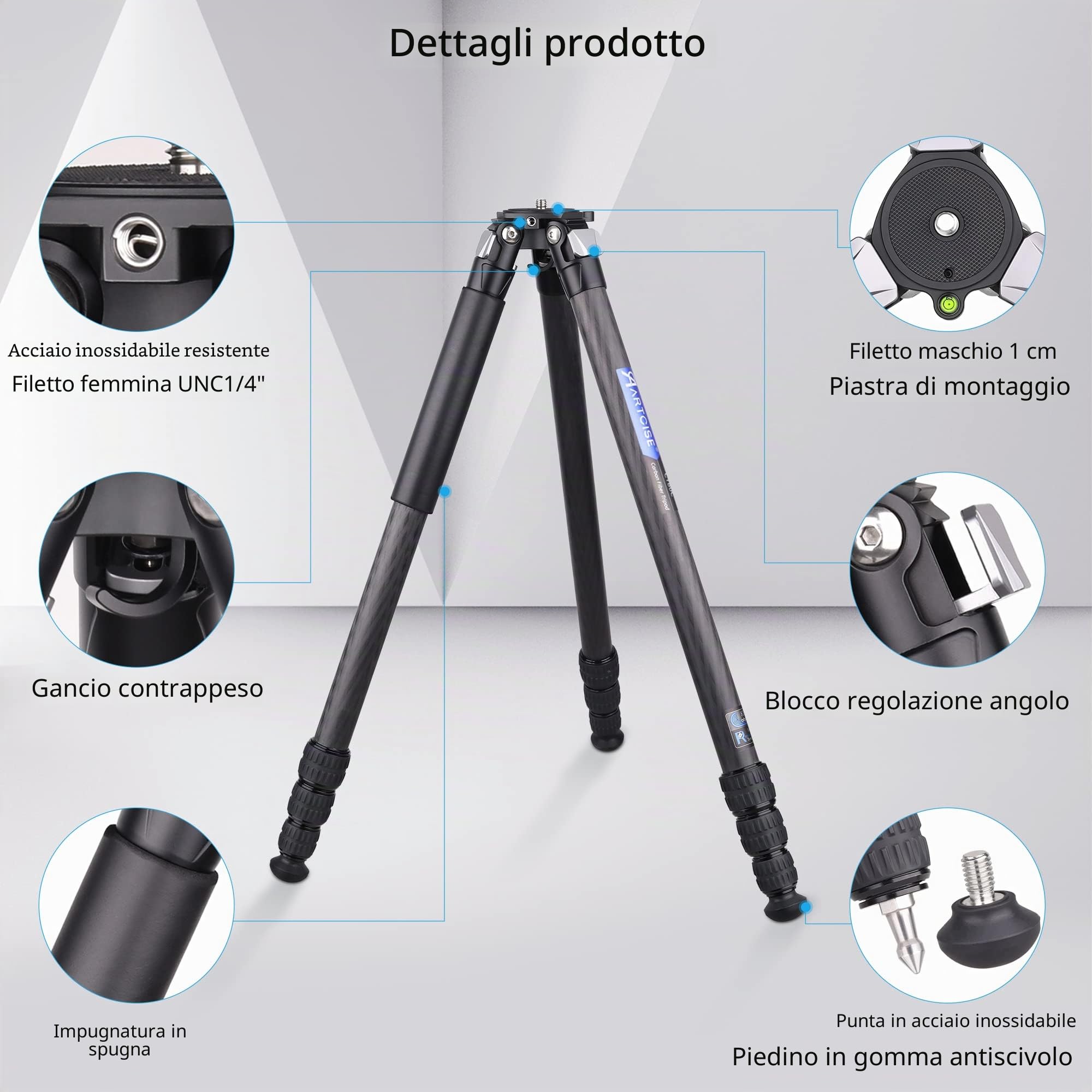 Treppiede compatto in fibra di carbonio con borsa in pietra ARTCISE CT80C Supporto per fotocamera da viaggio resistente per Canon Sony Nikon DSLR SLR Videocamera digitale, carico massimo 25 kg