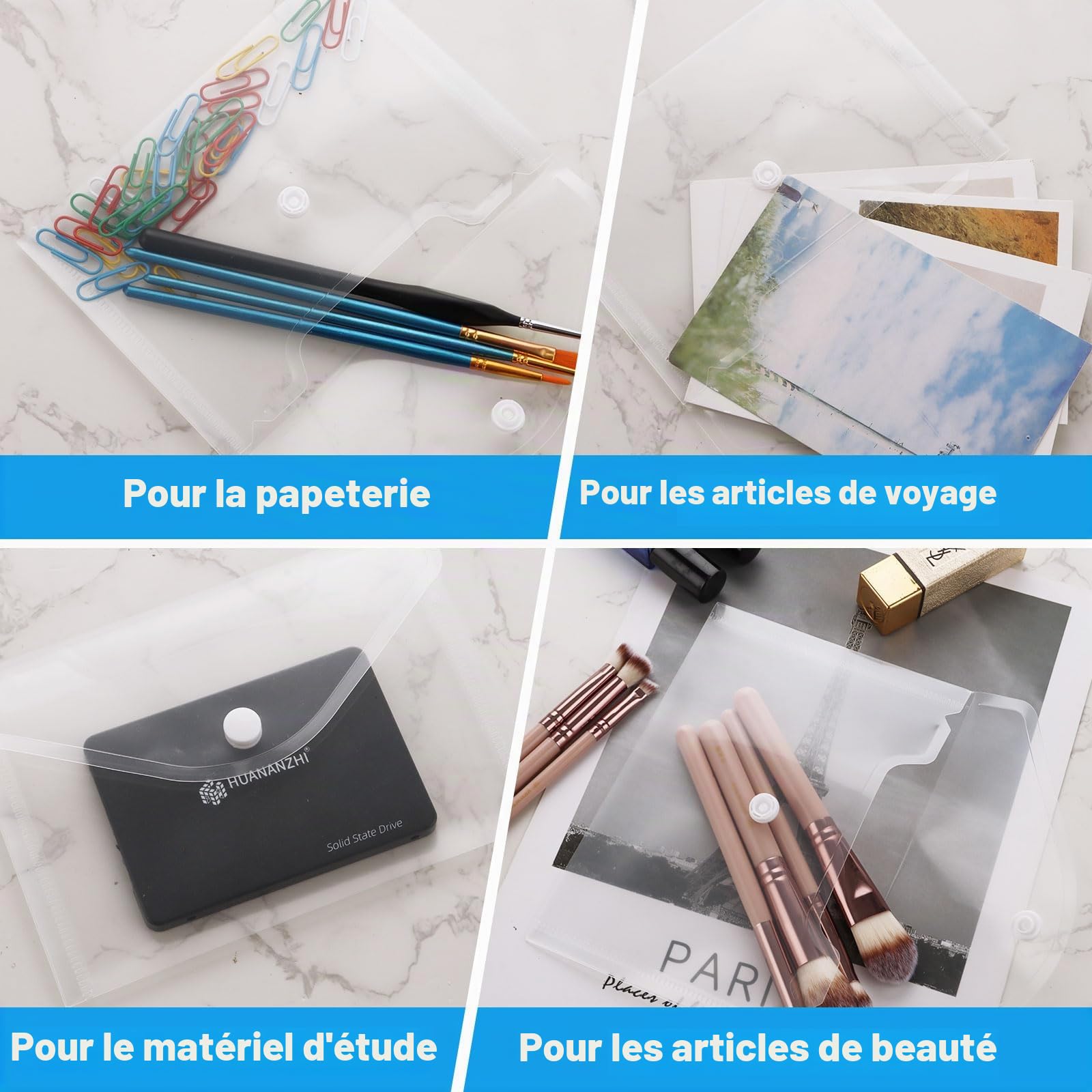 SHUESS Lot de 50 pochettes en plastique A6 – Enveloppes A6 – Petits pochettes en plastique – Dossiers transparents pour la maison, le bureau, l'école