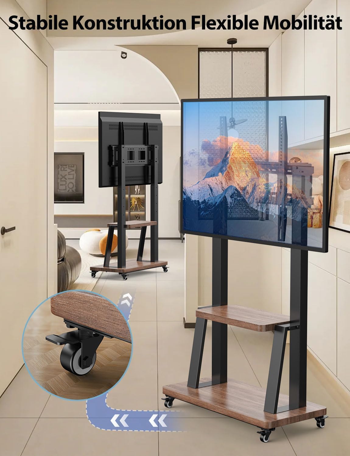 Rollbarer TV Ständer für 32-100 Zoll Fernseher,Professioneller Monitor Stand mit Rollen höhenverstellbar,max VESA 900x600 Last bis 80kg Wohnzimmer Schlafzimmer Büro Universeller TV Standfuss