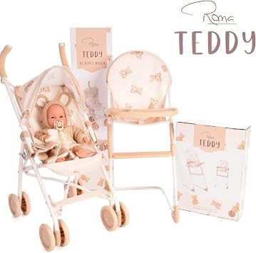 Roma Prams: Teddy Doll XL Umbrella Buggy - Beige-Cream-Bear - Folding Push Stroller, Retractable Canopy, Toy Accessory for Dolls Up to 16.5, Kids 3+