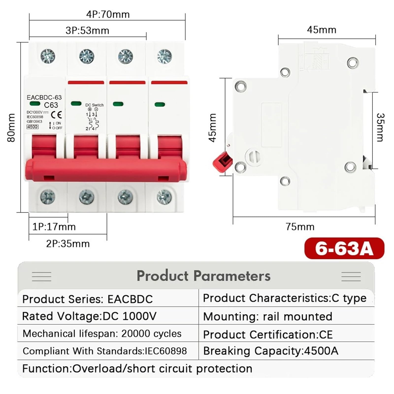 1P 2P 3P 4P DC 1000V MCB Solar Circuit Breaker Überlast Schutz Schalter 6A-25A PV 1Pcs(3P,16A)