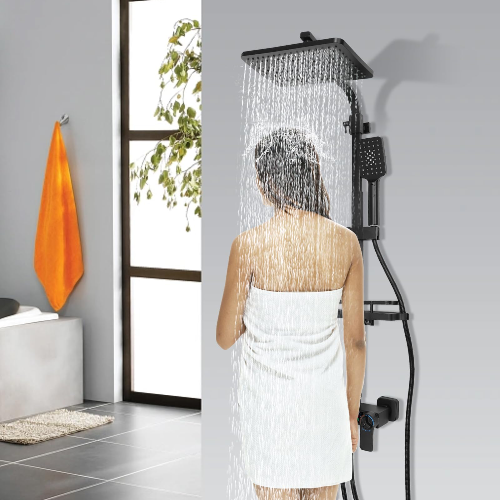 System prysznicowy, czarny, podtynkowy, 29 cm, deszczownica z termostatem LCD, 4 tryby, regulacja wysokości 73-116 cm, armatura prysznicowa, kompletny zestaw, elastyczny, silikonowe wyloty