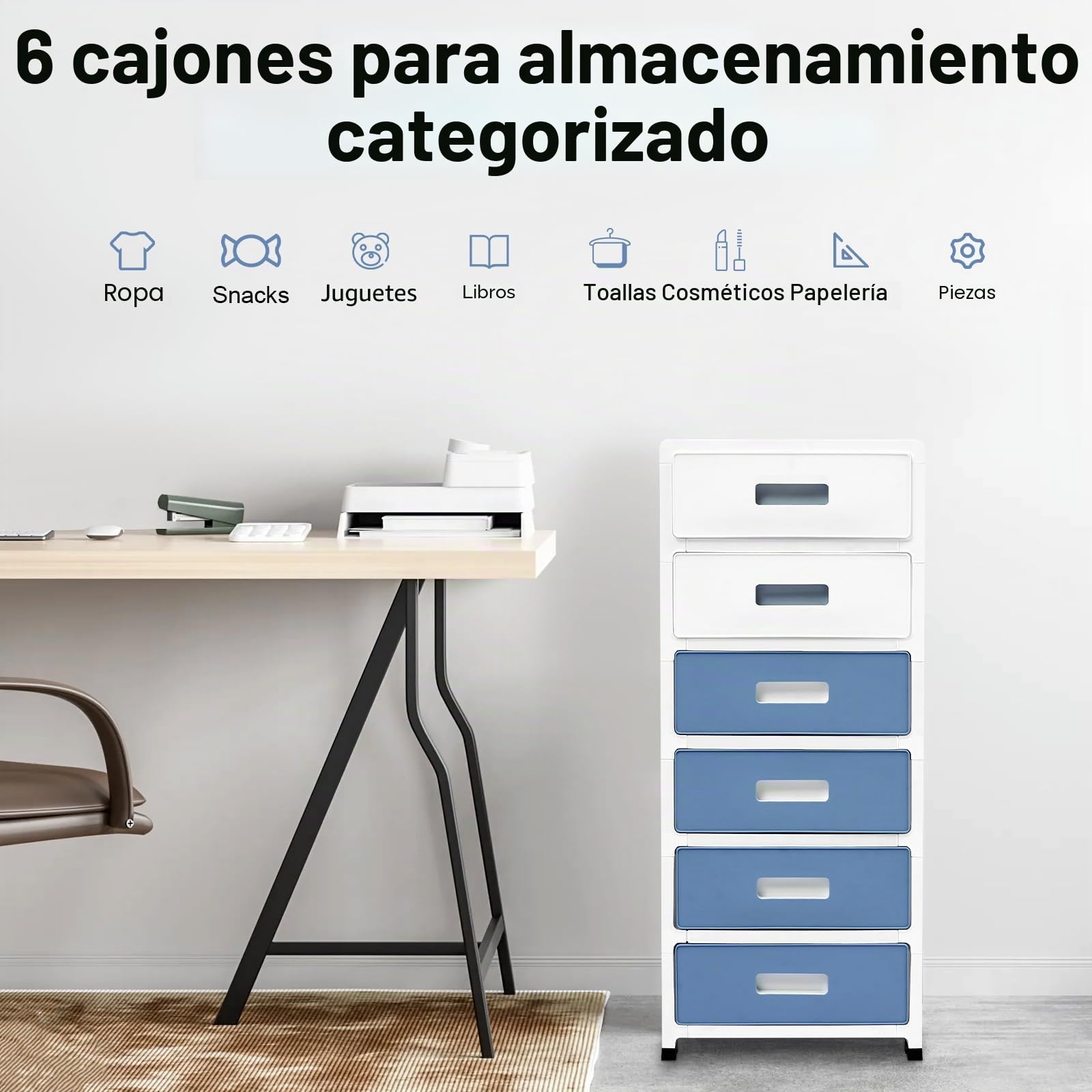 Cajonera organizadora con 6 cajones y ruedas, de plástico, con cajones, caja de plástico, armario con ruedas para cosméticos, servicio de té, artículos de artesanía, 35 x 26 x 83,5 cm