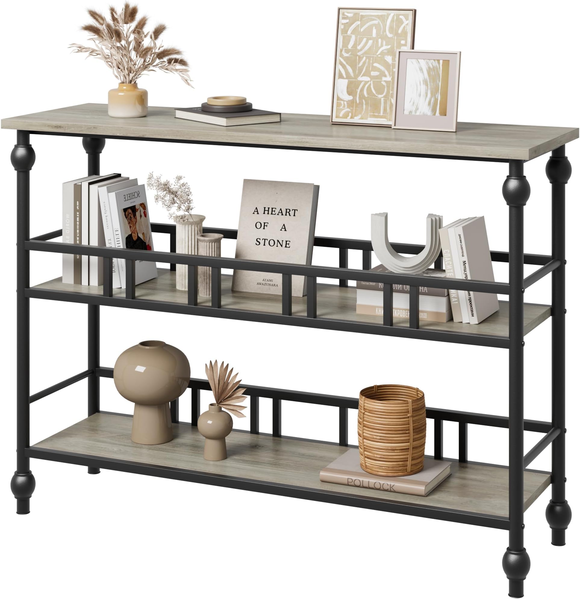 IDEALHOUSE 43" Console Table, 3-Tier Entryway Narrow Side Table with Shelves, Sofa Table for Living Room, Hallway, Bedroom, Rustic (Gray)