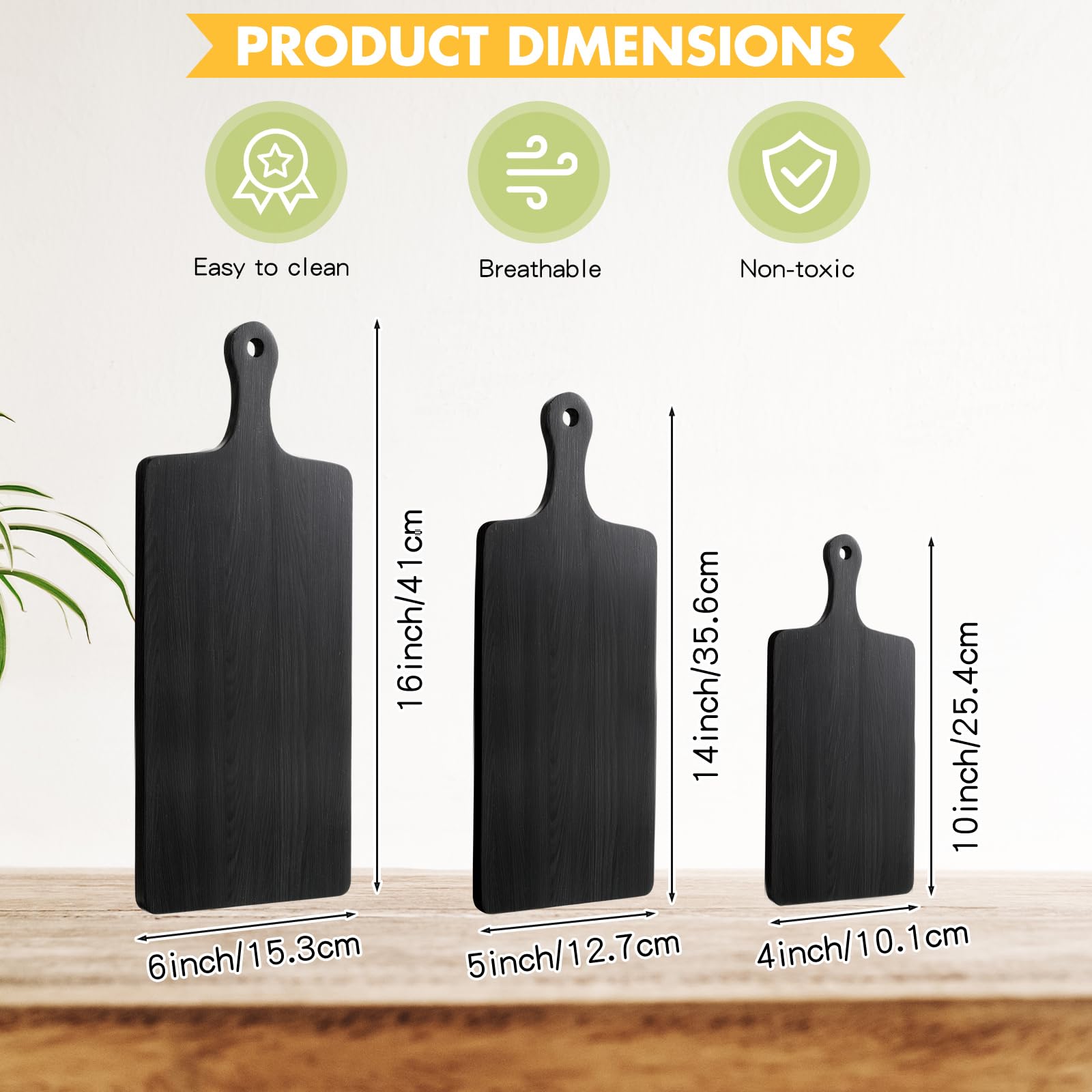 Geetery 3 Pack Black Small Bamboo Cutting Boards with Handle Mix Size Bamboo Pizza Paddle Serving Boards Tray Charcuterie Board Chopping Board for Cheese Steak Bread (16x6'', 14x5'', 10x4'')