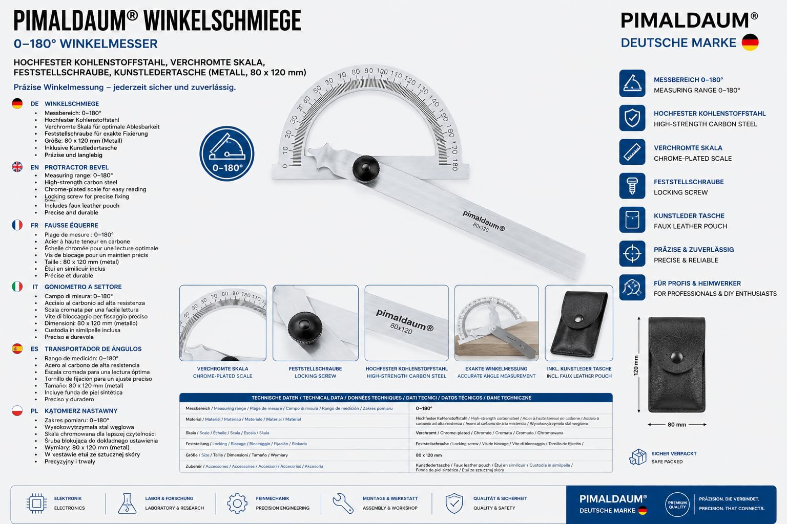 Goniometro angolare 0–180° professionale | Misuratore di angoli con righello regolabile | Strumento di precisione per misurare e tracciare angoli | 1 pezzo, varie m (80 * 120 mm)