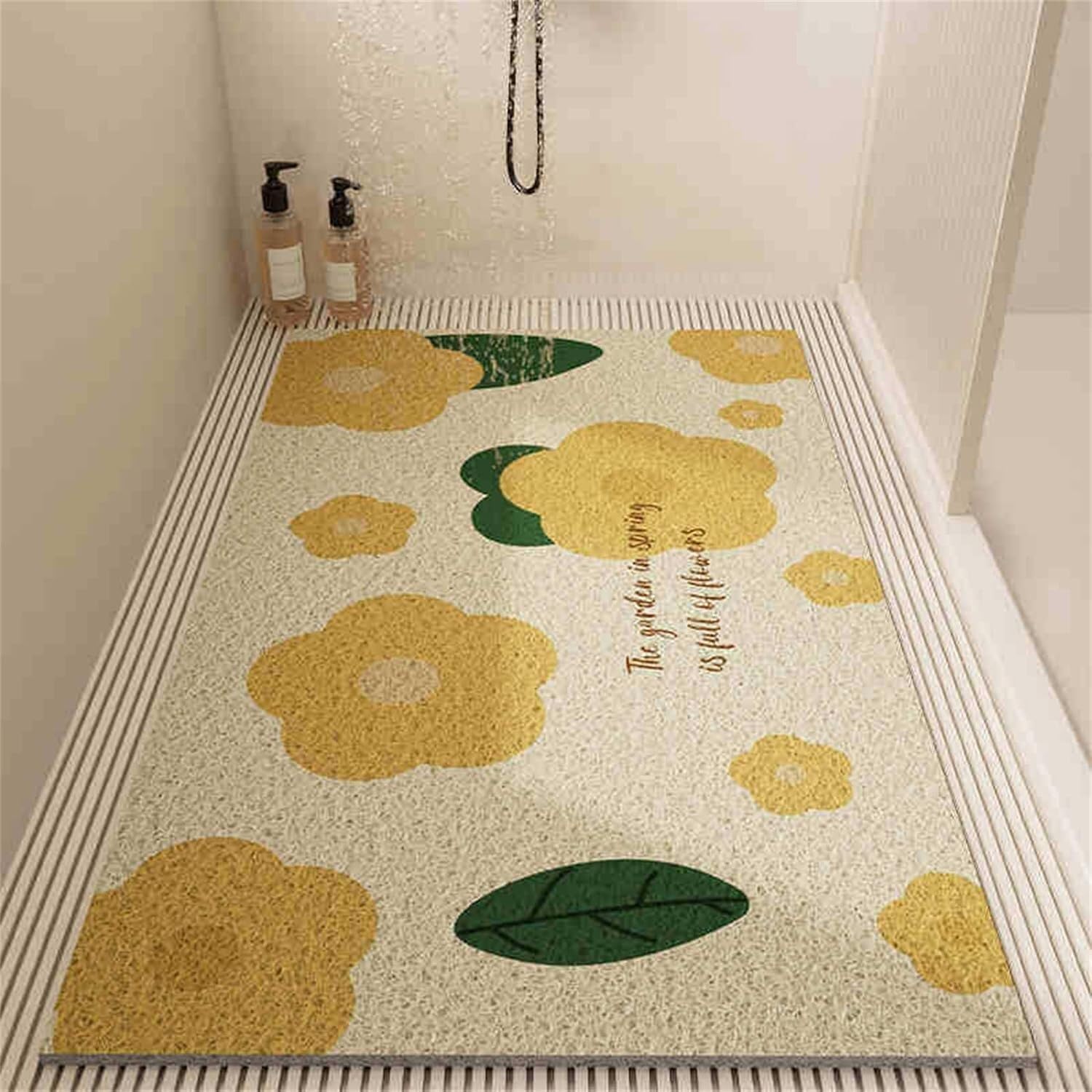 Antypoślizgowa mata prysznicowa Mata z gumy Loofah – kwiatowa do wanny(Yellow Flowers,80x120cm)