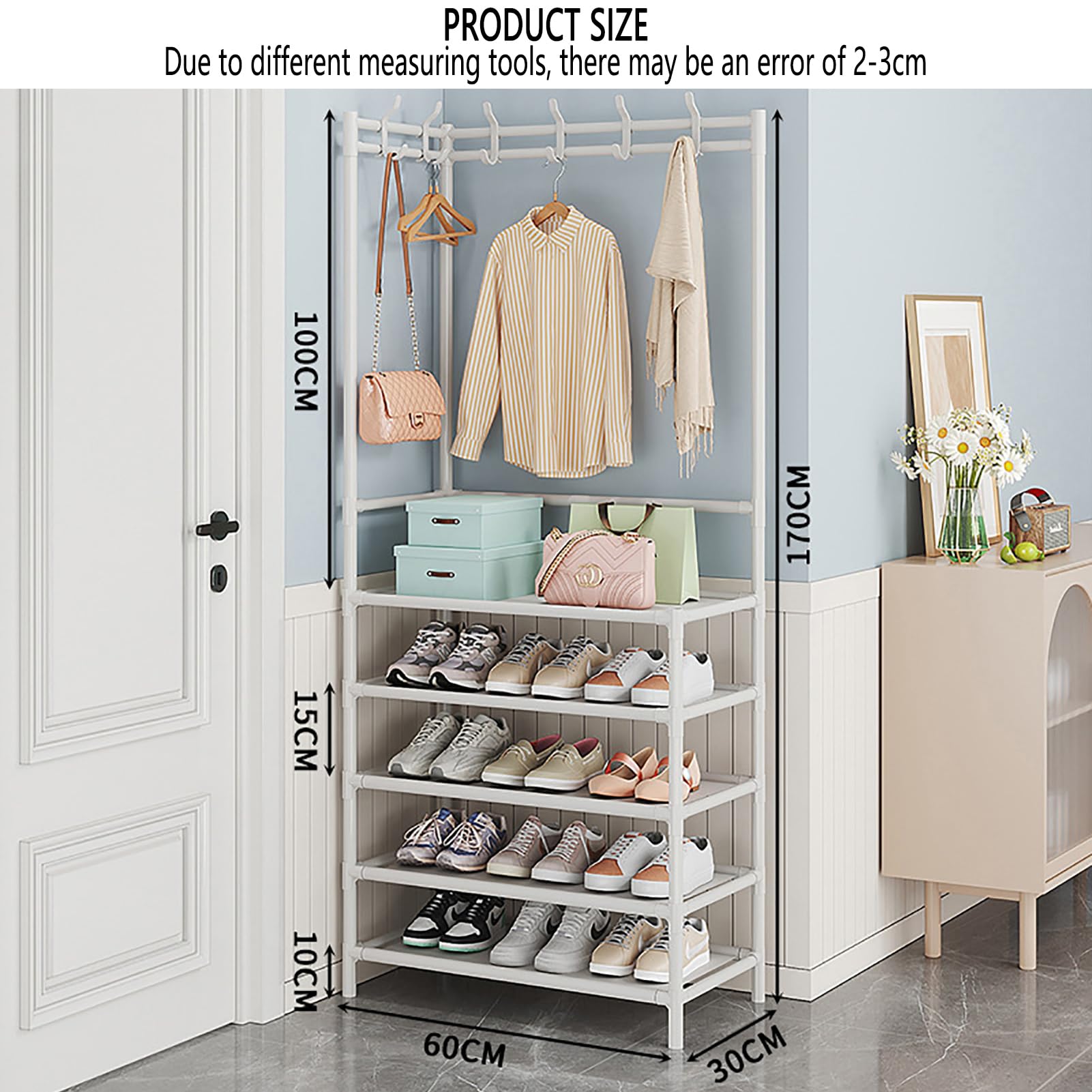 Perchero y zapatero independiente de 5 niveles para entrada, almacenamiento blanco, 170 x 30 x 60 cm, elegante diseño moderno y ahorra espacio