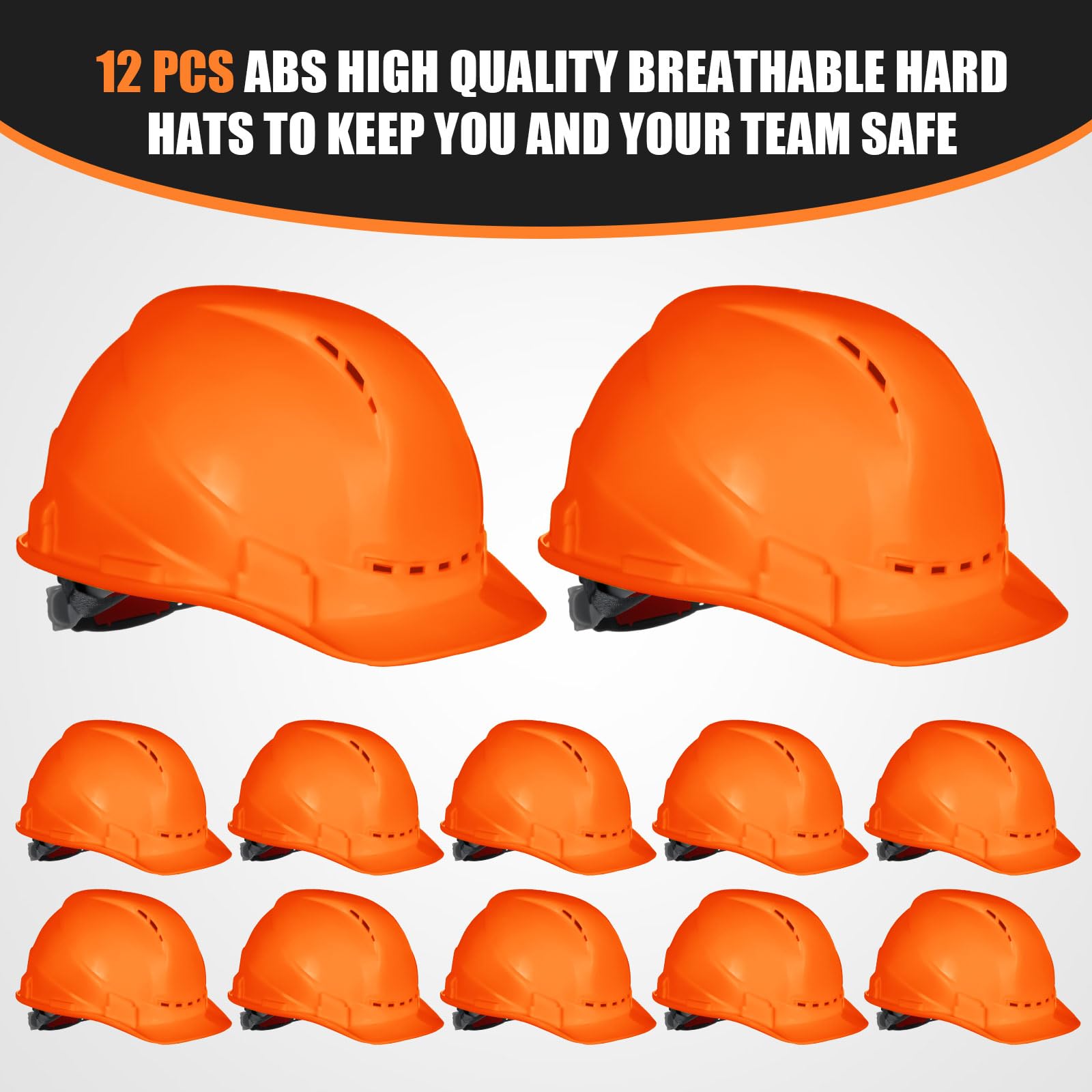 Xuhal 12 Pieces 4 Point Suspension Hard Hat Bulk Safety Helmets with Vents and Cotton Brow Pad ABS Construction Hardhats for Safety Adjustable Ratchet Hard Hats for Work Head Protection (Orange)
