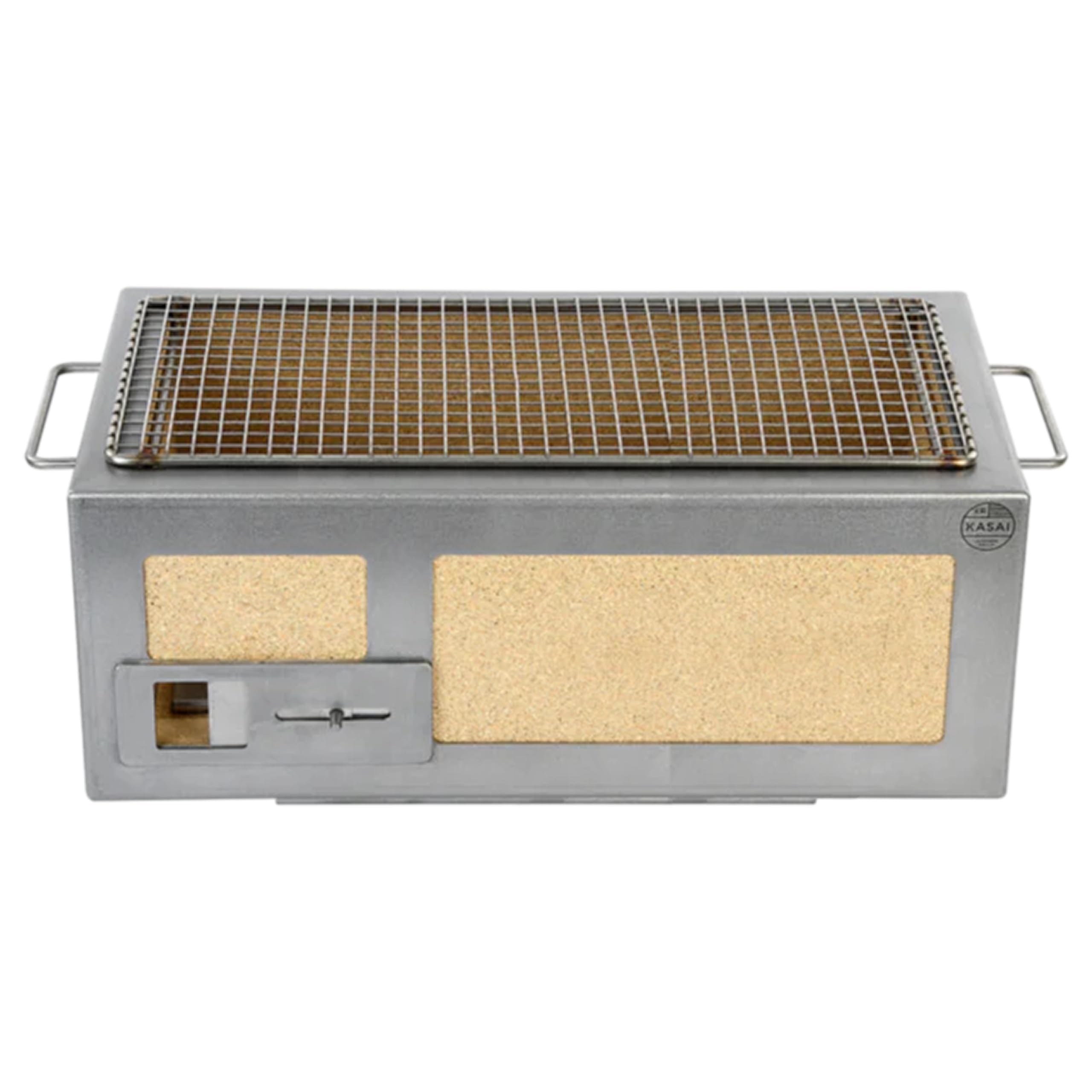 Kasai Konro Grill medio lungo con telaio in acciaio inox, realizzato nel Regno Unito in collaborazione con Tommy Banks, dimensione media della griglia per 4-8 persone