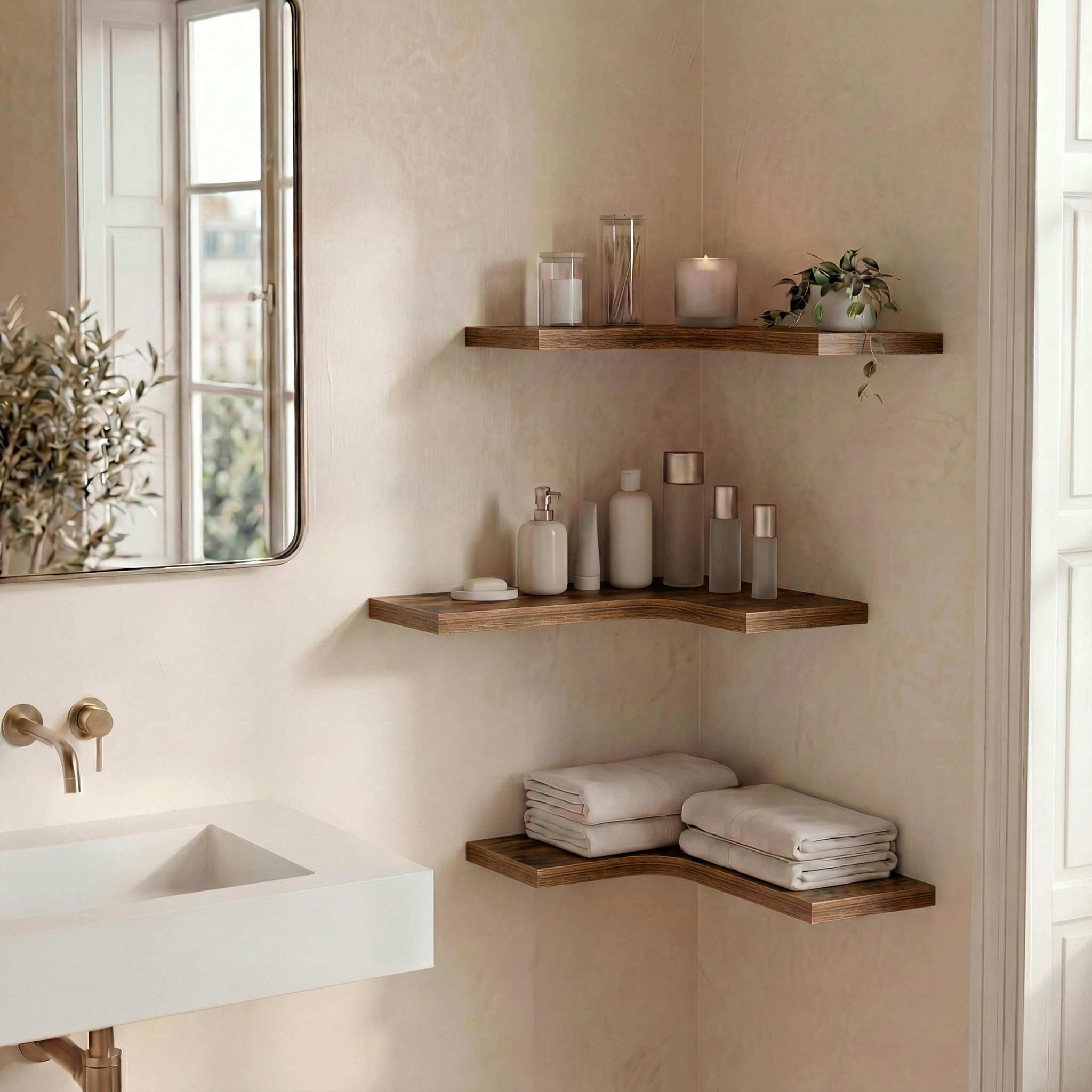 Wandregal Holz Eckregal HäNgend L-FöRmiger HäNgeregal Bilderleiste Schweberegal Regal KüChe GewüRzregal FüR Wohnzimmer Schlafzimmer Bad Flur BüRo Wand Deko,3er Set (Braun)