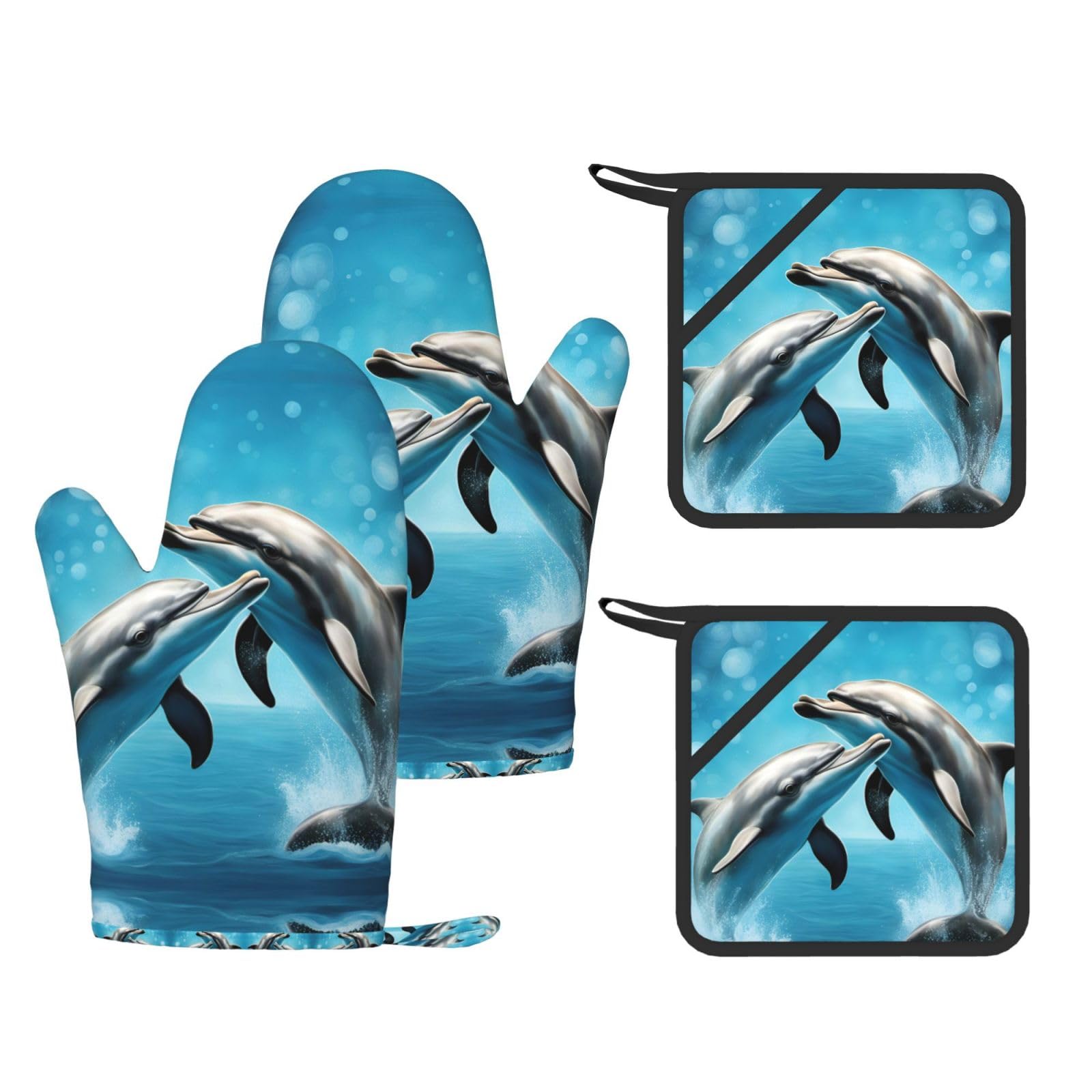 Dolphins in Love Printed Oven Mitts with Pocket and Hot Pads, Silicone Non-Slip Kitchen Gloves for Baking BBQ