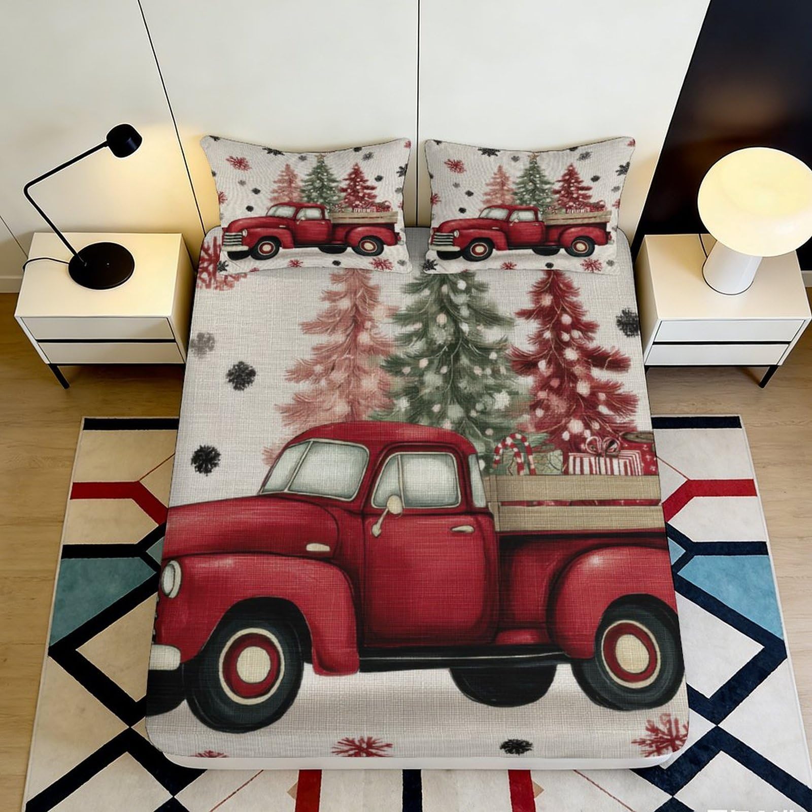 Ctjqhvmx Style-7 3D Printed Christmas Truck Fitted Sheet Microfiber Deep Pocket Non-Slip Xmas Tree Mattress Fitted Cover For Bedroom 90X200x25cm 90X200x25cm