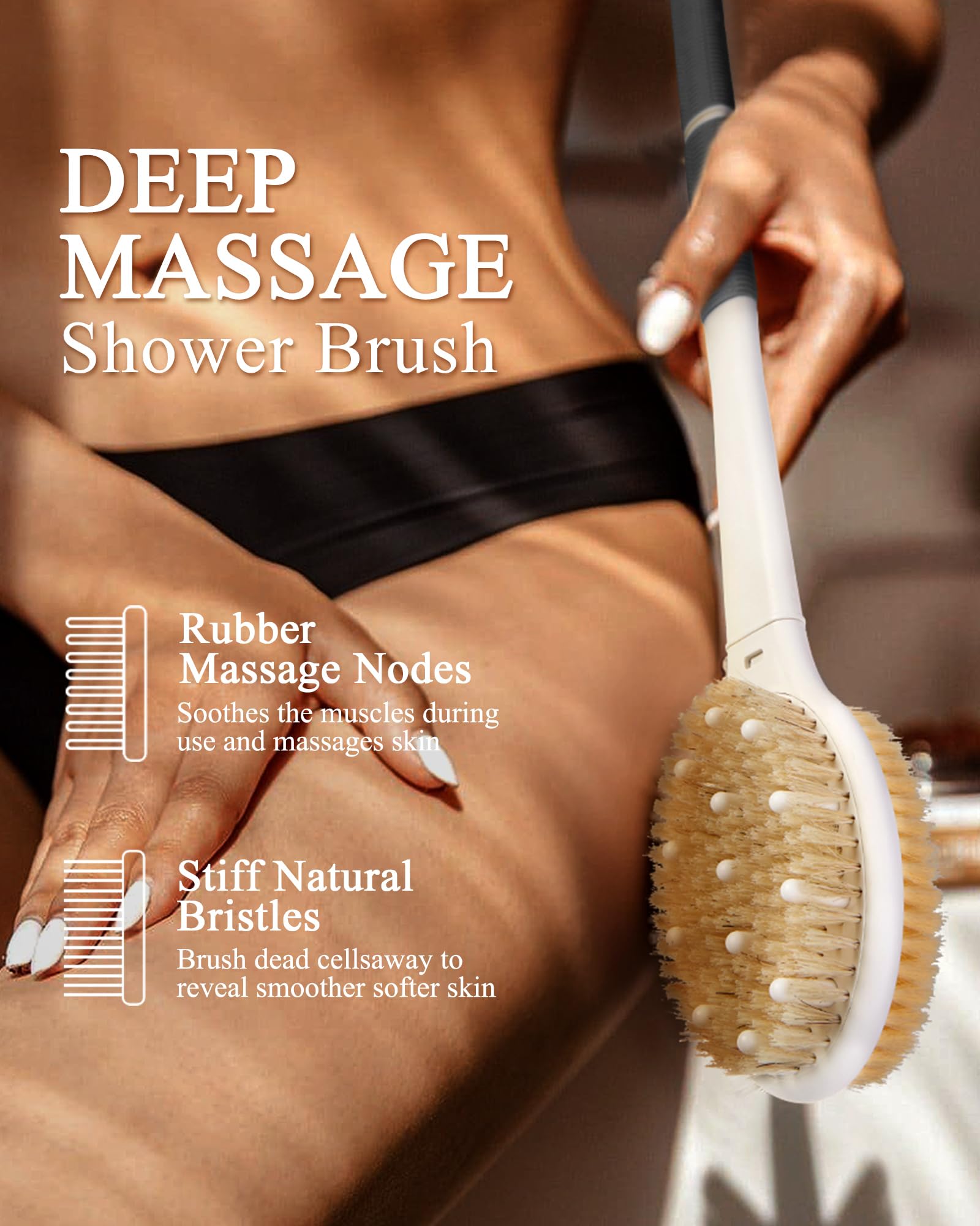 Back Scrubber Body Shower Brush: Massage & Exfoliation Dry Brush Anti Slip 18.1" Long Handle Bath Brush with Stiff and Soft Bristles - Image 3