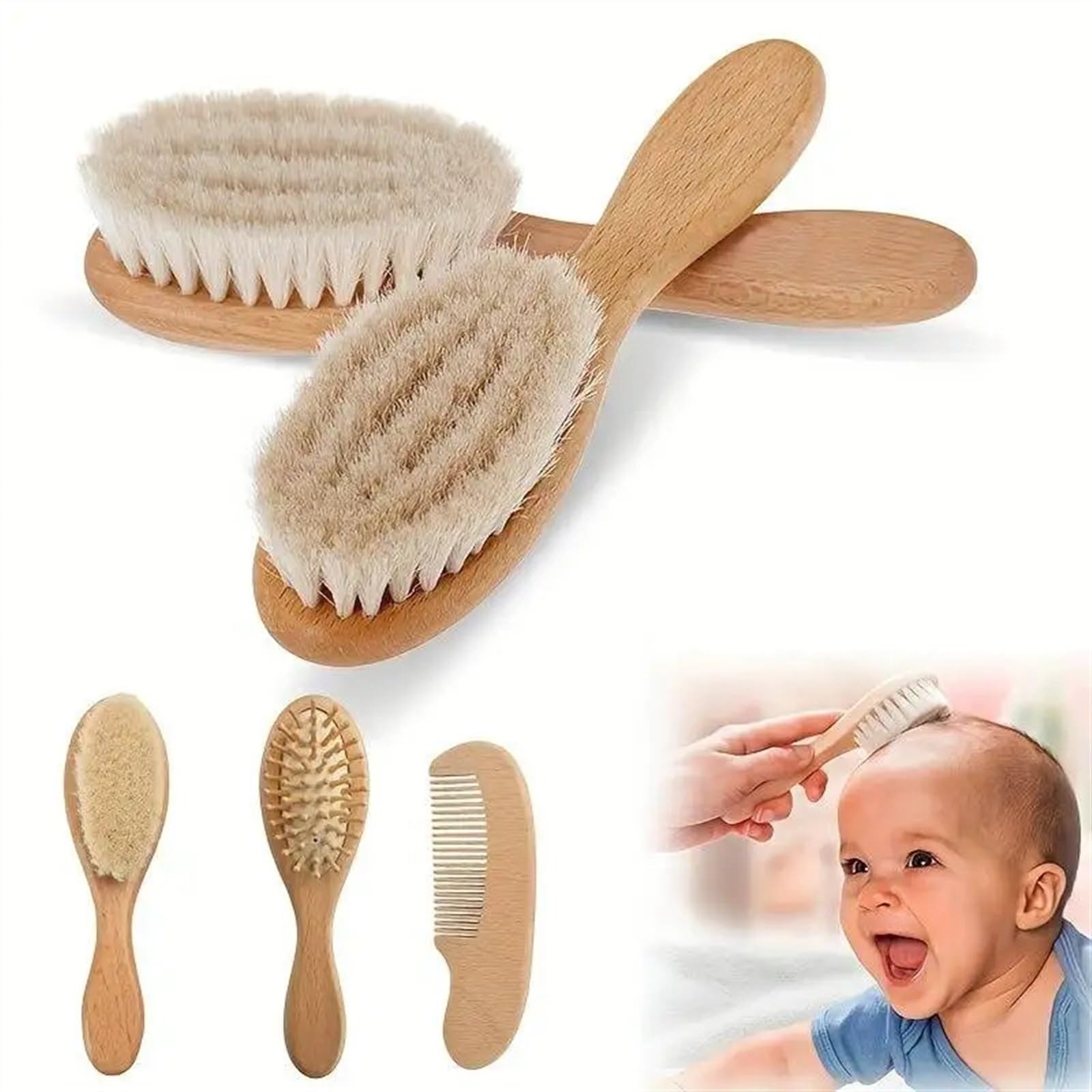 Cepillo de Pelo for el Cuidado del bebé, Peine de Madera de Lana Suave de Haya, Peine masajeador for recién Nacido, Regalo for Baby Shower y Ropa de Cama Relajante for Dormir, 2 uds.
