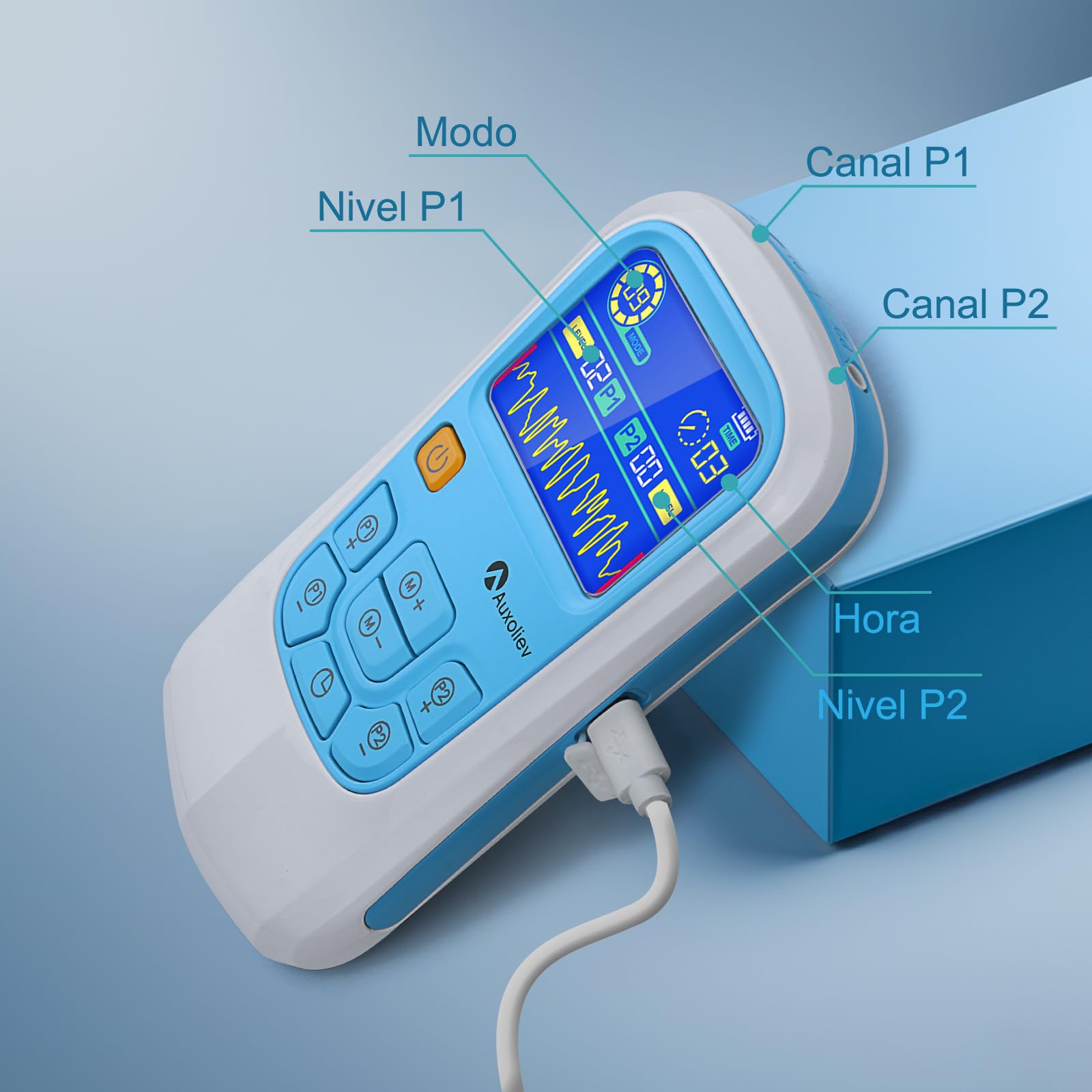 AUXOLIEV Electroestimulador Muscular Función de Masaje, A/B Canales TENS/EMS de Masaje Terapia Maquina, Microcorriente y Carga USB, 25 Modos de Masaje + 50 Intensidad para Largo Plazo (Azul Blanco)