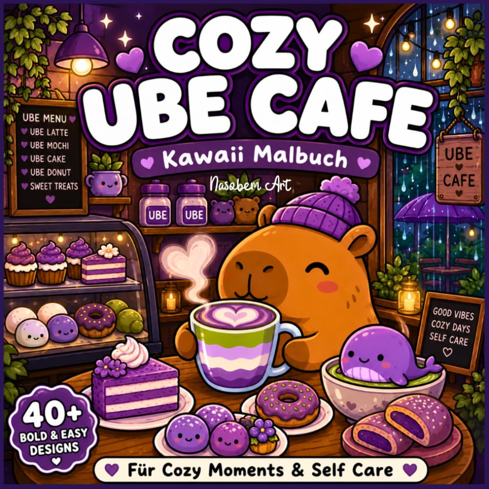 COZY UBE CAFE – Kawaii Malbuch: Süße Tiere & Cozy Food Ausmalbuch mit Capybaras, Matcha Latte & Gebäck | Einfache & große Motive (Bold & Easy) für Erwachsene, Teens & Kinder zur Entspannung