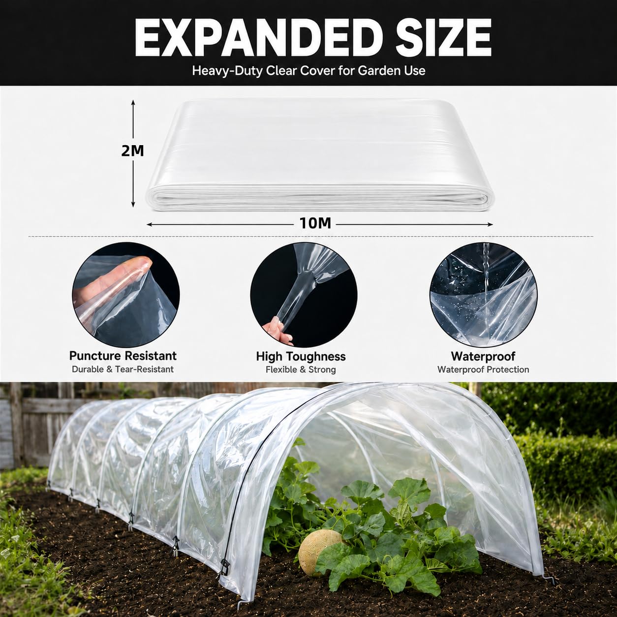 Extra-Spesso Telo Per Serra Trasparente 2Mx10M,Copertura in Plastica della Serra,Resistente agli Strappi, Copertura Impermeabile Antivento del Polytunnel del Giardino per Piante all'aperto Fattorie
