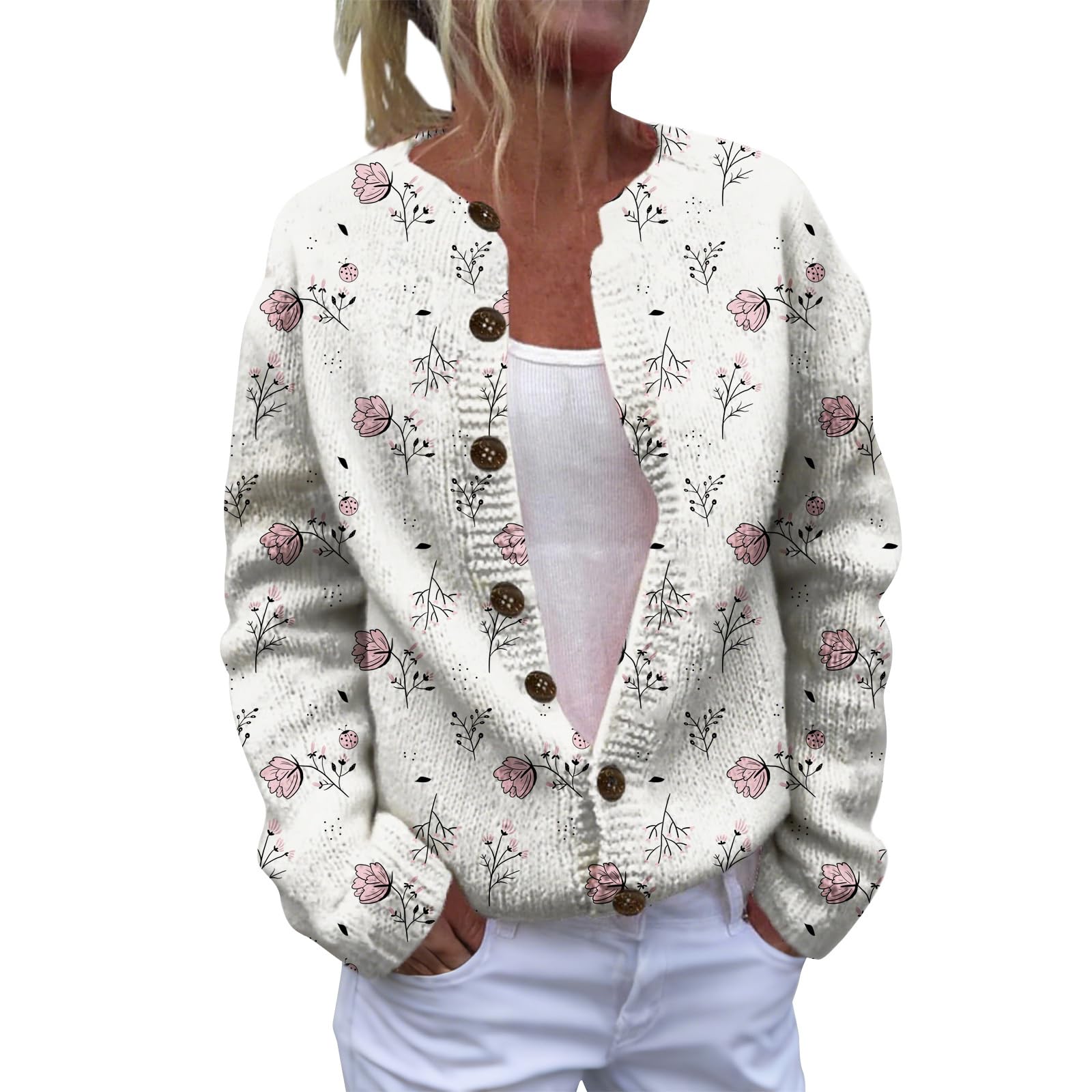 Open Front Cardigan for Women Crewneck Long Sleeve Chunky Cute Floral Sweaters Button Up Fall Sweater Fashion Outfits