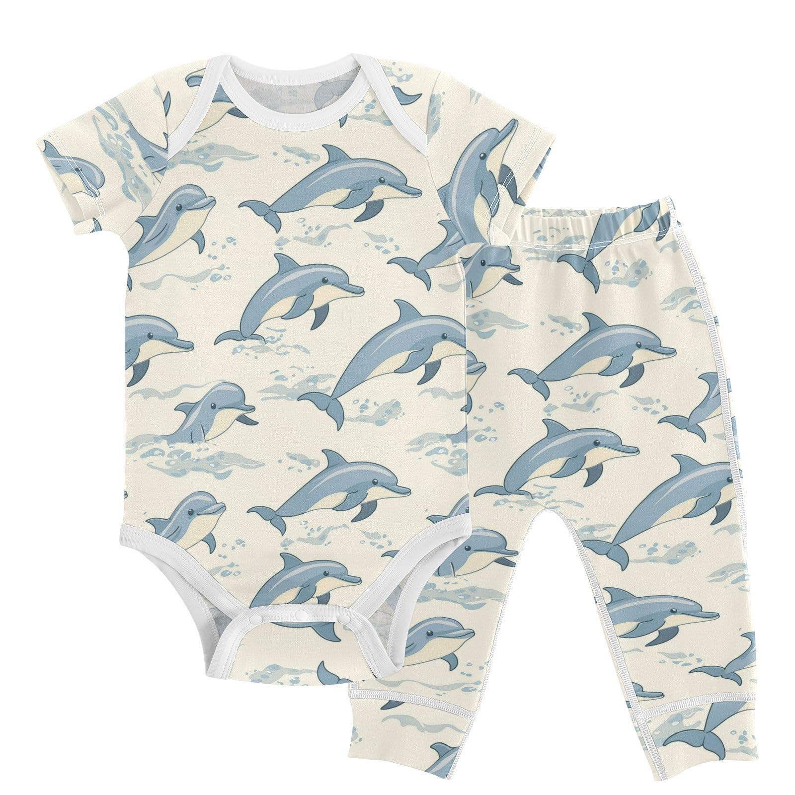 vvfelixl Cute Dolphin in Ocean Baby Layette Sets,Baby Bodysuits Set Unisex Short Sleeve Babys Pants Sets 9-12M