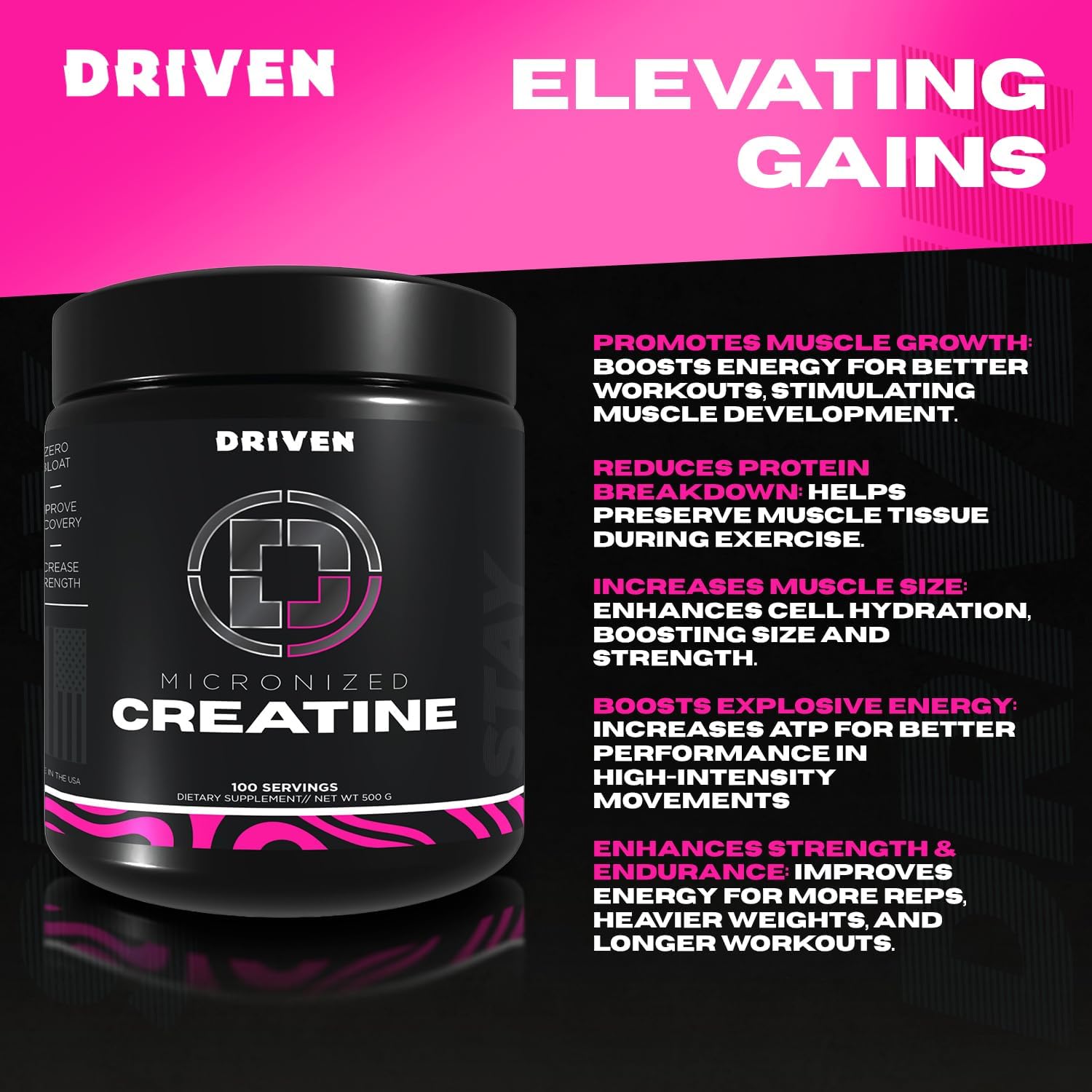 Driven Nutrition Micronized Creatine Monohydrate Powder – 500g | Pure, Unflavored, 5g Per Serving | Muscle Strength, Power, Endurance & Recovery Supplement