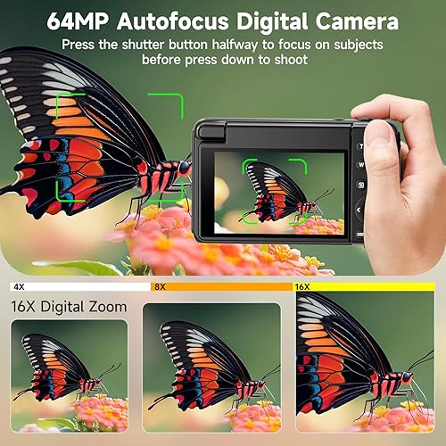 Miniatura 3 de Cámara digital 4K para fotografía y videoblogs de 64 megapíxeles para YouTube con pantalla giratoria de 3" 180, cámara compacta de viaje con enfoque