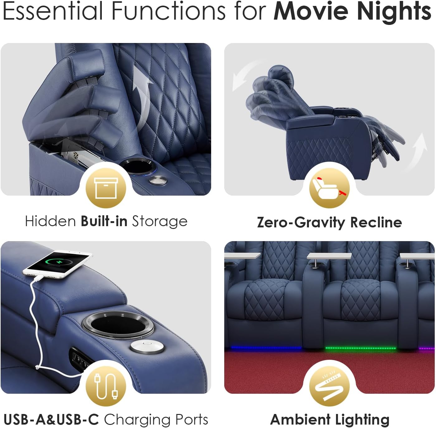 PBRO Home Theater Seating Genuine Leather Recliner Chair, Power Reclining & Headrest, USB A/C Charging Ports, Tray Table, Cup Holder Ambient Lighting Blue Row of 3