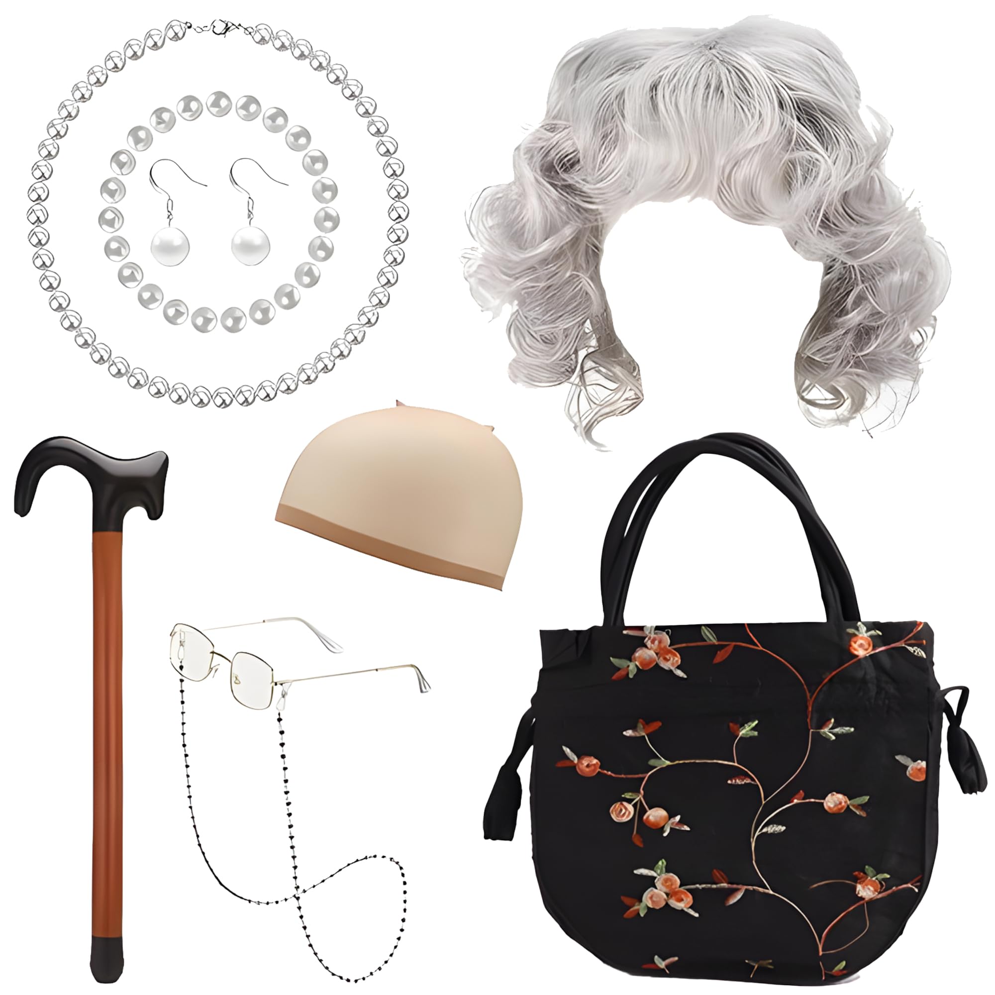 Jyeennar 8PCS Old Lady Costume Set,Including Grey Granny Wig,Hair Net,Pearl Necklace,Bracelets and Earrings,Glasses and Glasses Chain,Handbag, Inflatable Cane,for Halloween Masquerade Carnival