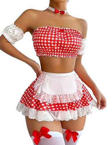 ROSVAJFY Sexy Red Plaid Maid Costume Sweet Cosplay Lingerie Set with Stocking 5 Piece Anime French Lace Role Play Outfit Naughty Babydoll Uniform Frill Apron Fancy Dress Top+Mini Skirt+Sleeves+Choker
