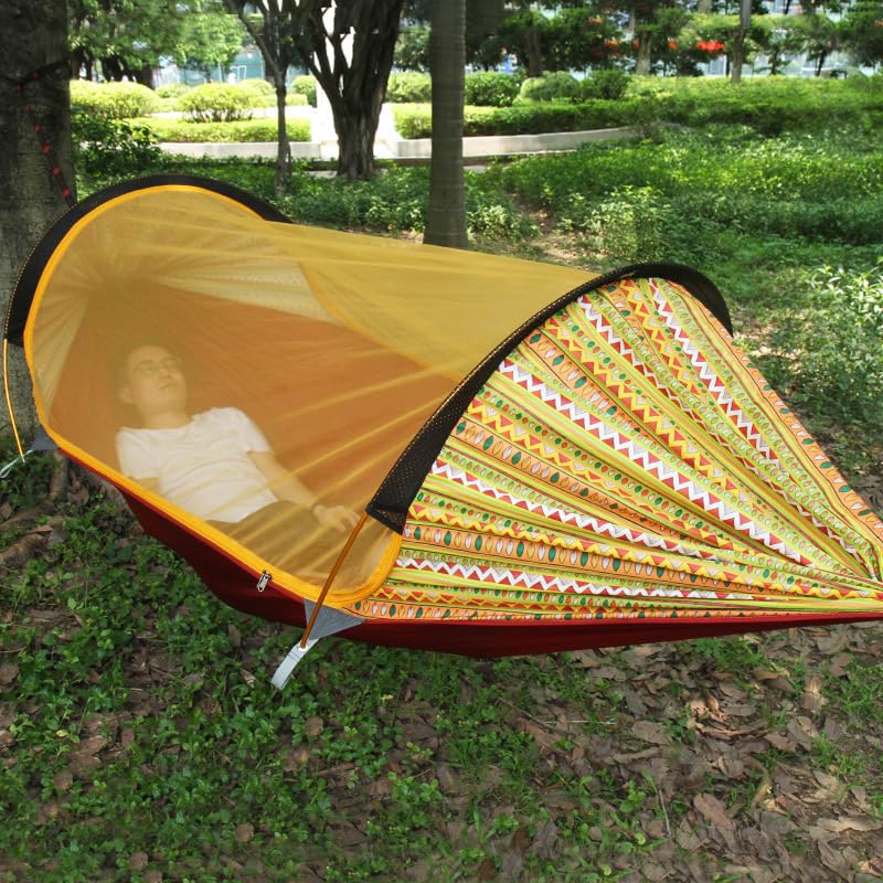 Hamaca de camping al aire libre con mosquitera, diseño antivuelco, tela de paracaídas, ligera y portátil para viajes y uso en el patio trasero