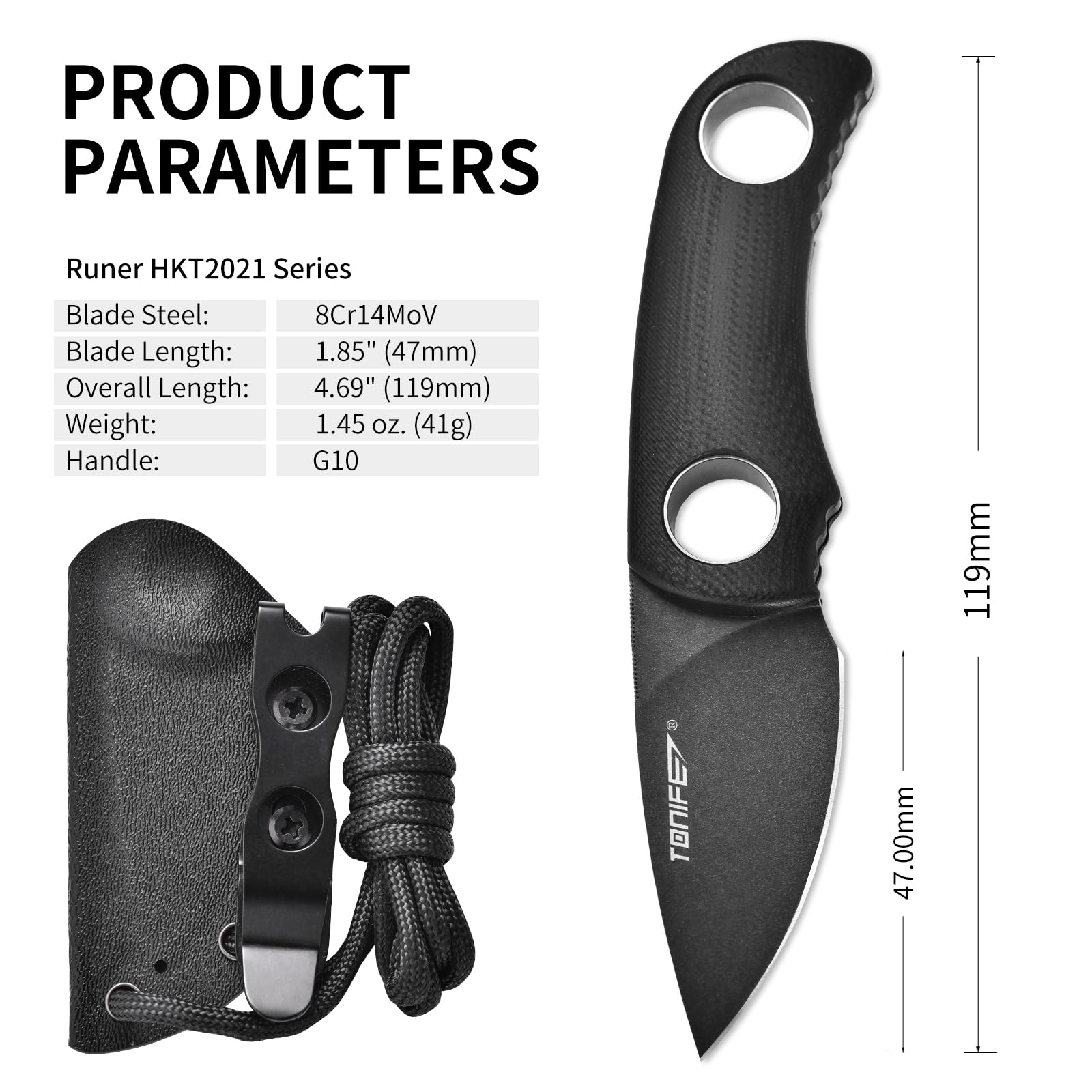 TONIFE Runer Full Tang Coltello da Caccia campeggio a Lama Fissa 4,7cm con Guaina Kydex Regolabile Facile Portabile con Cordino in Paracord per Sopravvivenza (Nero+Ossido Nero e poi stonewash)
