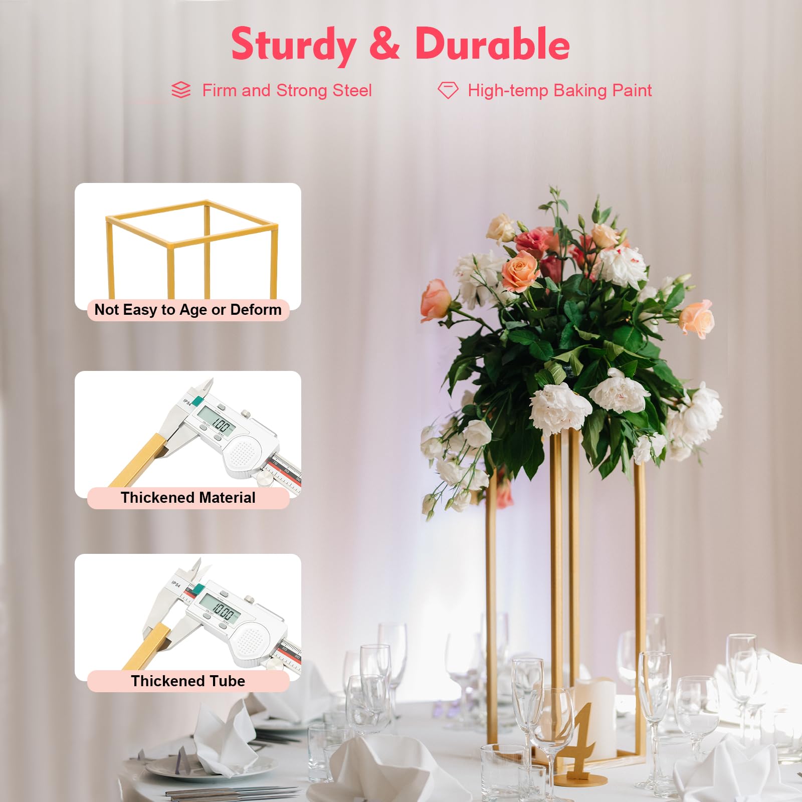 Soporte de metal dorado para flores, jarrón de suelo con plomo, para bodas, floreros de suelo, soporte para columnas, metal, boda, calle (4 unidades)