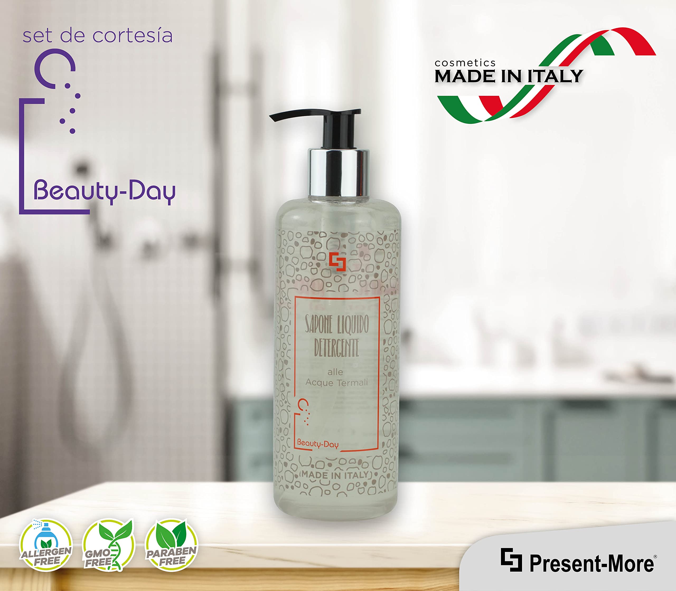 Present-More Jabon manos 300ml Beauty-Day Italy - Jabon líquido 15 unidades para Hoteles y B&B | Jabon líquido sin alérgenos con fragancia Ylang Ylang
