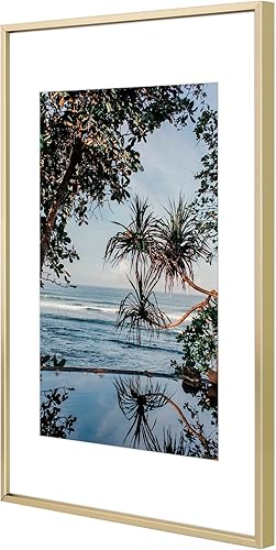 Vista 224 de Golden State Art - Marco de fotos de aluminio satinado clásico de 8 x 10 con alfombrilla de color marfil para fotos de 5 x 7 y cristal real, Dorado